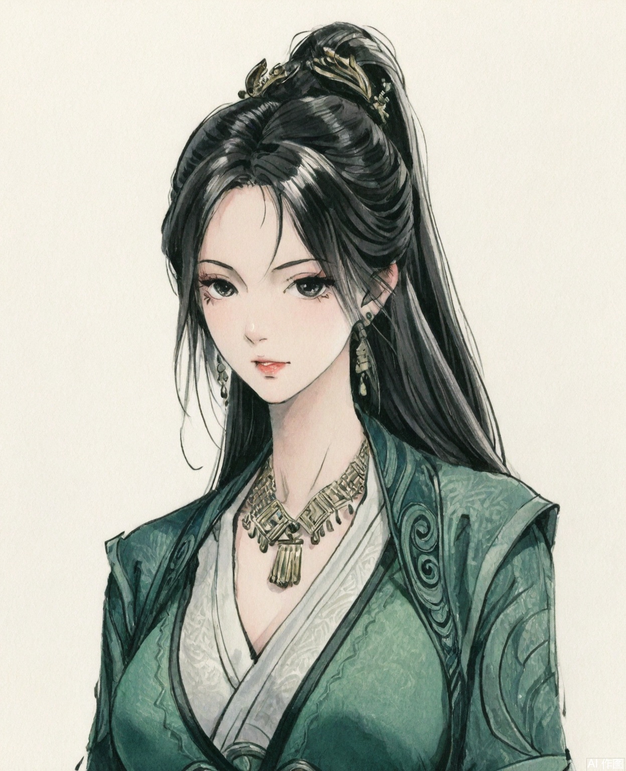 ((very awa)),(solo),highly detailed,(best quality),((masterpiece)),1girl,chi,,ge,,traditional media,painting \(medium\),watercolor \(medium\),looking_at_viewer,simple background,white_background,large breasts,,mupeiling,long hair,hair ornament,earrings,necklace,ponytail,green dress,upper body,mature_female,black eyes,