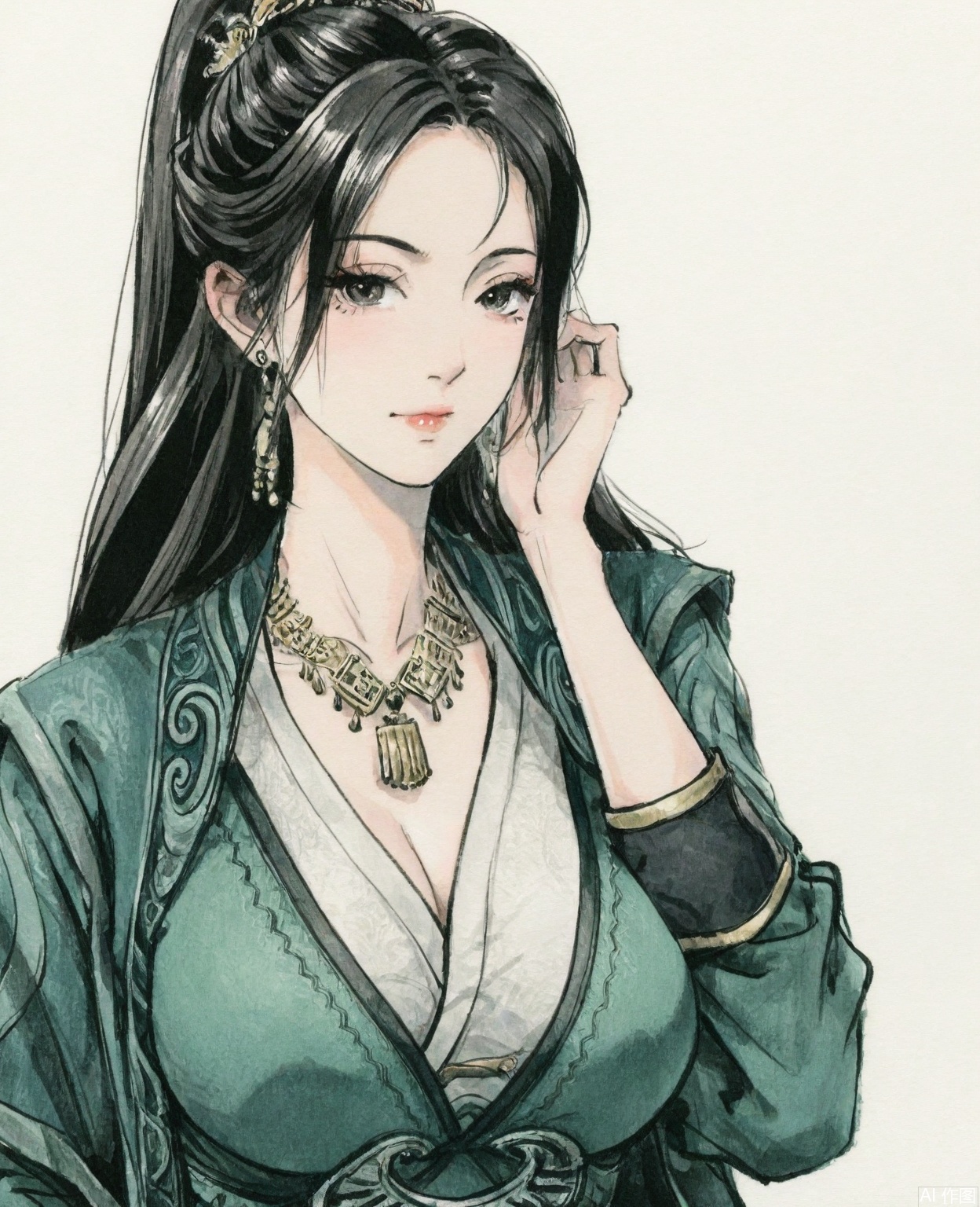 ((very awa)),(solo),highly detailed,(best quality),((masterpiece)),1girl,chi,,ge,,traditional media,painting \(medium\),watercolor \(medium\),looking_at_viewer,simple background,white_background,large breasts,,mupeiling,long hair,hair ornament,earrings,necklace,ponytail,green dress,upper body,mature_female,black eyes,