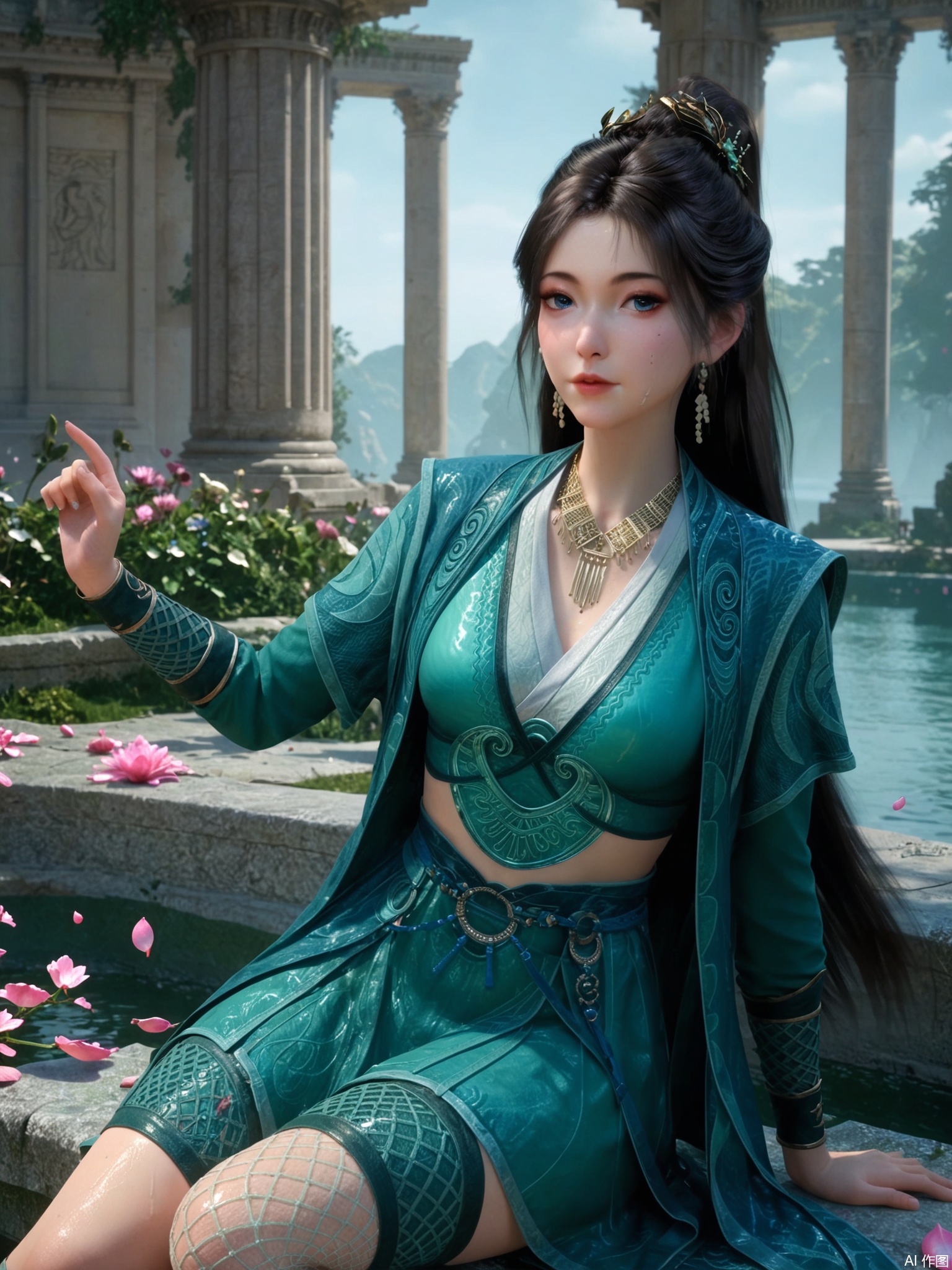 score_9,score_8_up,score_7_up,1girl,looking_at_viewer,realistic,1girl,Vivid Colors,bright environment,delicate water,hair_ornament,shiny skin,shiny hair,reflection,dress,flower sea,falling petals,extreme detail description,(upper body:0.3),put one hand on your side,long_hair,(skindentation:1.3),Fishnet stockings,bright,sunshine on face,light,sweating,dress,light,pillar,sitting_down,