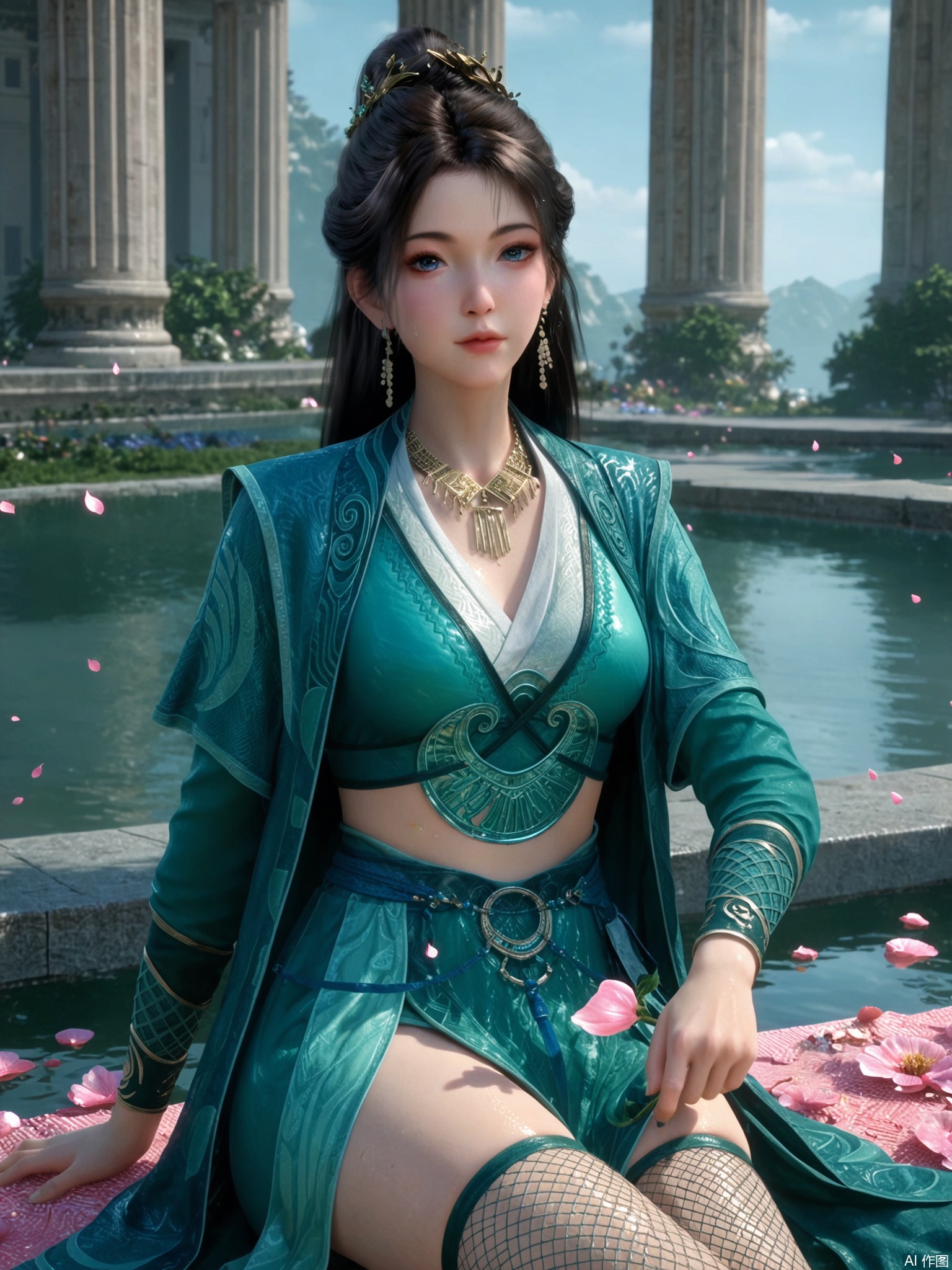 score_9,score_8_up,score_7_up,1girl,looking_at_viewer,realistic,1girl,Vivid Colors,bright environment,delicate water,hair_ornament,shiny skin,shiny hair,reflection,dress,flower sea,falling petals,extreme detail description,(upper body:0.3),put one hand on your side,long_hair,(skindentation:1.3),Fishnet stockings,bright,sunshine on face,light,sweating,dress,light,pillar,sitting_down,