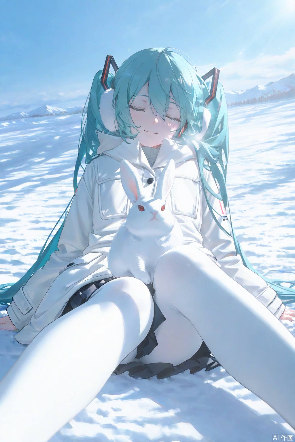 1girl, solo, long hair, smile, skirt, long sleeves, twintails, sitting, very long hair, blue hair, jacket, closed eyes, pantyhose, pleated skirt, outdoors, miniskirt, black skirt, coat, aqua hair, feet out of frame, animal, snow, white pantyhose, rabbit, white coat, winter clothes, earmuffs, winter, hatsune miku,Light, shadow ,(Murata_Renge:0.8),(reoen1:1),(as109:0.7),(Saebe_Shun:0.7),(akipeko:0.7),(Toronto:0.8),(lineart:0.8),(fuzichoco:0.6),(Mika Pikazo:0.4),(Artist: sheya:0.5),(wlop:0.4),Illustration,Simple Flat Coloring,lightshadow,line art,shadow,masterpiece,best quality,good quality,very aesthetic,A shot with tension,impactful picture,offcial art,movie perspective,masterpiece,facing the lens,best quality,very aesthetic,extremely delicate and beautiful,huge filesize,amazing quality,Blurred foreground,solo_focus,simple_background,depth_of_field,sunlight,reflective,masterful details,intricate details,soothing tones,high contrast,natural skin texture,soft light,sharp,ultra-high resolution,32K UHD,,yswh