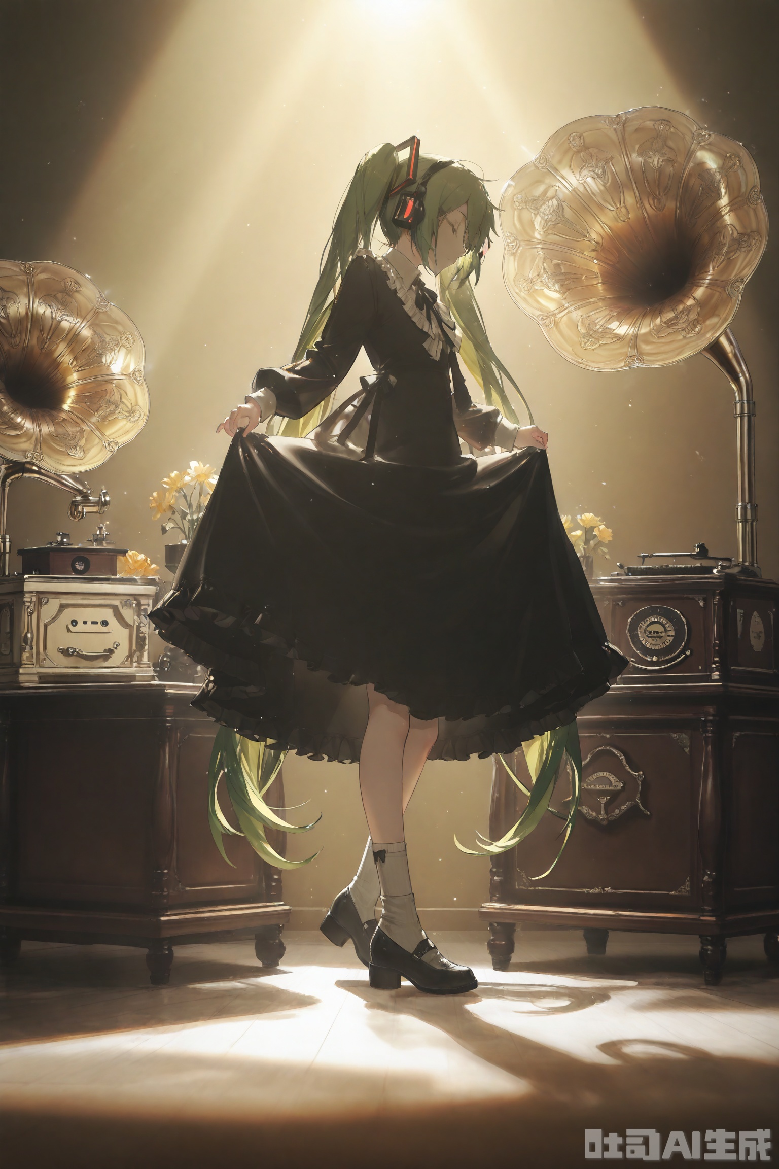 1girl, solo, long hair, looking at viewer, bangs, blonde hair, long sleeves, dress, ribbon, twintails, very long hair, standing, full body, closed eyes, flower, frills, green hair, shoes, socks, black footwear, black dress, from side, black ribbon, frilled dress, white socks, light particles, skirt hold, wide shot, spotlight, phonograph, hatsune miku,Light, shadow ,(Murata_Renge:0.8),(reoen1:1),(as109:0.7),(Saebe_Shun:0.7),(akipeko:0.7),(Toronto:0.8),(lineart:0.8),(fuzichoco:0.6),(Mika Pikazo:0.4),(Artist: sheya:0.5),(wlop:0.4),Illustration,Simple Flat Coloring,lightshadow,line art,shadow,masterpiece,best quality,good quality,very aesthetic,A shot with tension,impactful picture,offcial art,movie perspective,masterpiece,facing the lens,best quality,very aesthetic,extremely delicate and beautiful,huge filesize,amazing quality,Blurred foreground,solo_focus,simple_background,depth_of_field,sunlight,reflective,masterful details,intricate details,soothing tones,high contrast,natural skin texture,soft light,sharp,ultra-high resolution,32K UHD,,yswh