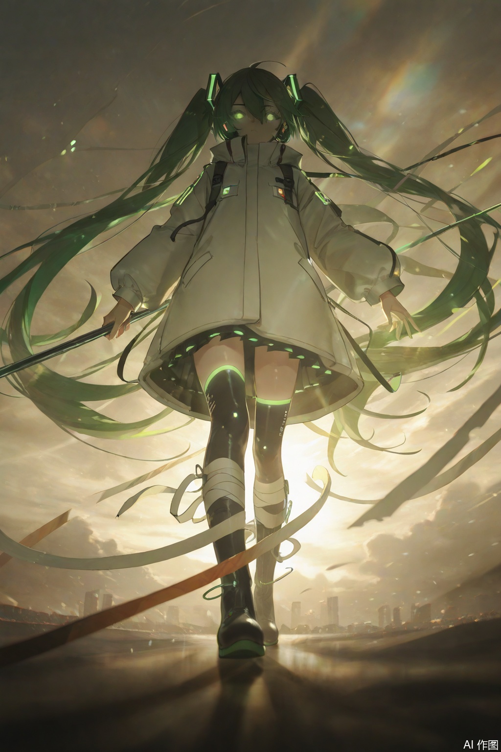 1girl, solo, long hair, looking at viewer, bangs, thighhighs, long sleeves, holding, hair between eyes, twintails, very long hair, closed mouth, green eyes, standing, full body, boots, green hair, black thighhighs, black footwear, coat, glowing, bandages, glowing eyes, white coat, bandaged leg, hatsune miku,Light, shadow ,(Murata_Renge:0.8),(reoen1:1),(as109:0.7),(Saebe_Shun:0.7),(akipeko:0.7),(Toronto:0.8),(lineart:0.8),(fuzichoco:0.6),(Mika Pikazo:0.4),(Artist: sheya:0.5),(wlop:0.4),Illustration,Simple Flat Coloring,lightshadow,line art,shadow,masterpiece,best quality,good quality,very aesthetic,A shot with tension,impactful picture,offcial art,movie perspective,masterpiece,facing the lens,best quality,very aesthetic,extremely delicate and beautiful,huge filesize,amazing quality,Blurred foreground,solo_focus,simple_background,depth_of_field,sunlight,reflective,masterful details,intricate details,soothing tones,high contrast,natural skin texture,soft light,sharp,ultra-high resolution,32K UHD,,yswh
