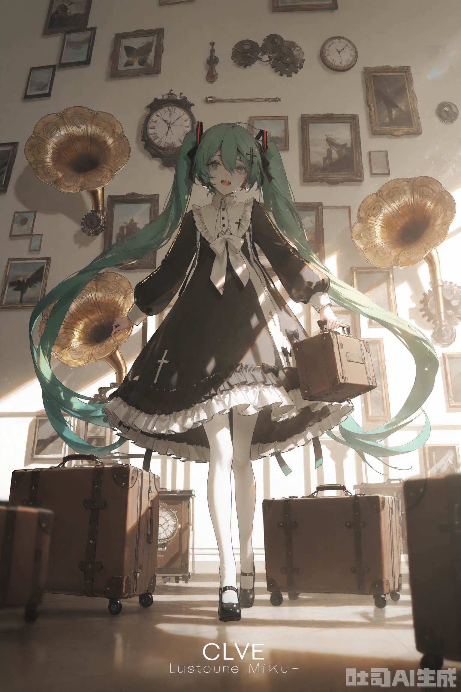 1girl, solo, long hair, looking at viewer, smile, open mouth, bangs, hair ornament, long sleeves, dress, bow, holding, hair between eyes, twintails, jewelry, very long hair, green eyes, standing, full body, flower, hair bow, pantyhose, frills, green hair, shoes, black footwear, character name, black dress, english text, black bow, frilled dress, cross, white bow, white pantyhose, clock, picture frame, gears, suitcase, cross hair ornament, roman numeral, phonograph, cross print, hatsune miku,Light, shadow ,(Murata_Renge:0.8),(reoen1:1),(as109:0.7),(Saebe_Shun:0.7),(akipeko:0.7),(Toronto:0.8),(lineart:0.8),(fuzichoco:0.6),(Mika Pikazo:0.4),(Artist: sheya:0.5),(wlop:0.4),Illustration,Simple Flat Coloring,lightshadow,line art,shadow,masterpiece,best quality,good quality,very aesthetic,A shot with tension,impactful picture,offcial art,movie perspective,masterpiece,facing the lens,best quality,very aesthetic,extremely delicate and beautiful,huge filesize,amazing quality,Blurred foreground,solo_focus,simple_background,depth_of_field,sunlight,reflective,masterful details,intricate details,soothing tones,high contrast,natural skin texture,soft light,sharp,ultra-high resolution,32K UHD,,yswh