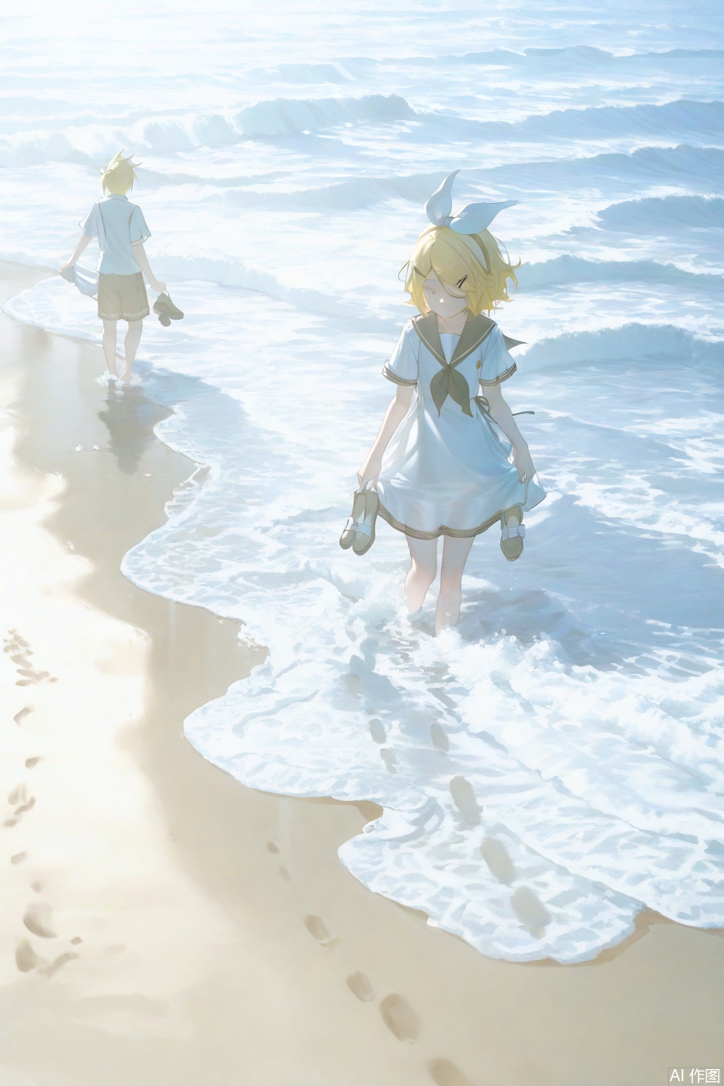 1girl, smile, short hair, bangs, blonde hair, shirt, hair ornament, 1boy, dress, bow, holding, standing, closed eyes, white shirt, short sleeves, hair bow, outdoors, necktie, shorts, day, hairclip, sailor collar, water, white dress, siblings, ocean, beach, white bow, instrument, wading, short ponytail, twins, sand, waves, shore, footprints, holding shoes, kagamine rin, kagamine len,Light, shadow ,(Murata_Renge:0.8),(reoen1:1),(as109:0.7),(Saebe_Shun:0.7),(akipeko:0.7),(Toronto:0.8),(lineart:0.8),(fuzichoco:0.6),(Mika Pikazo:0.4),(Artist: sheya:0.5),(wlop:0.4),Illustration,Simple Flat Coloring,lightshadow,line art,shadow,masterpiece,best quality,good quality,very aesthetic,A shot with tension,impactful picture,offcial art,movie perspective,masterpiece,facing the lens,best quality,very aesthetic,extremely delicate and beautiful,huge filesize,amazing quality,Blurred foreground,solo_focus,simple_background,depth_of_field,sunlight,reflective,masterful details,intricate details,soothing tones,high contrast,natural skin texture,soft light,sharp,ultra-high resolution,32K UHD,,yswh