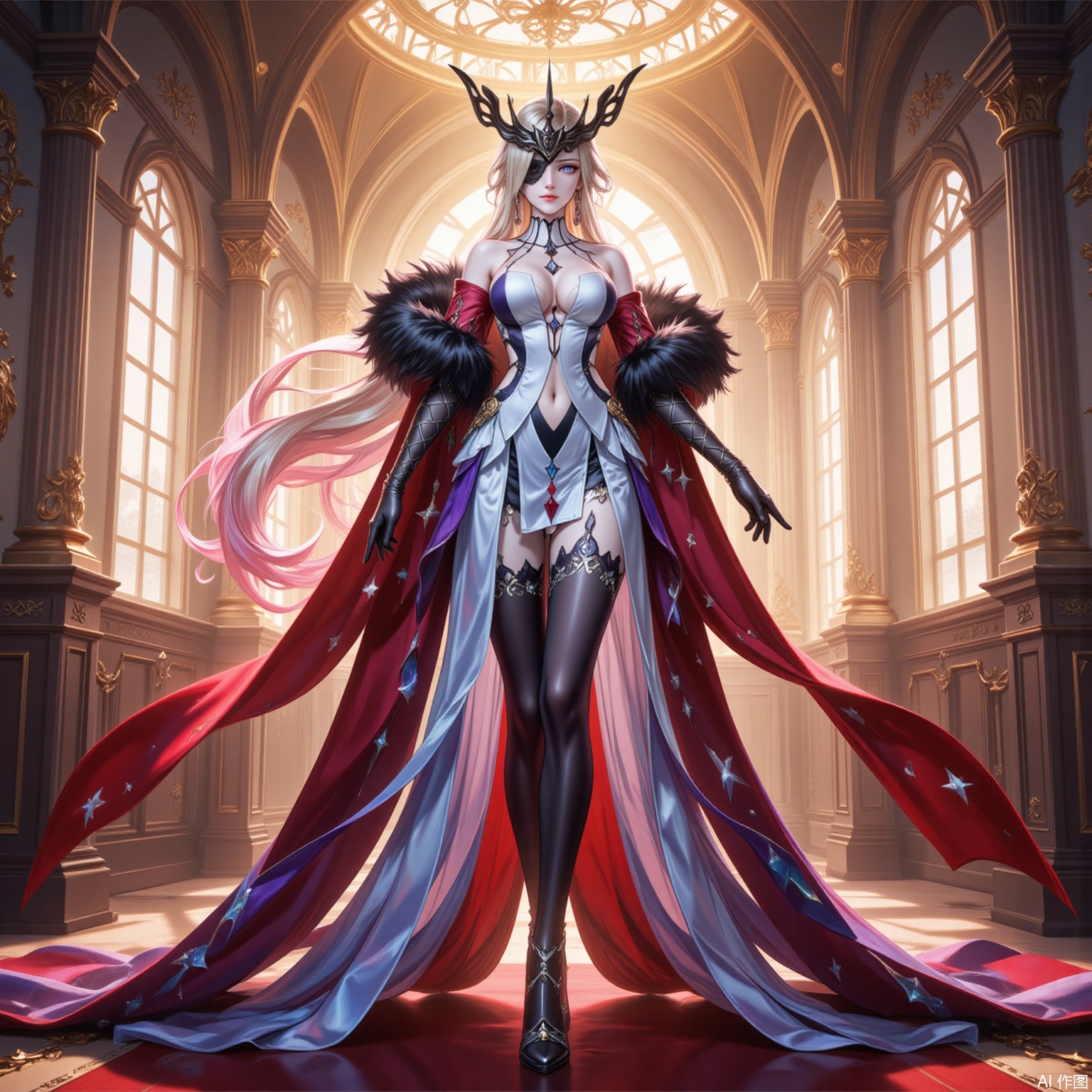 nvshi,nvshi,1girl,breasts,solo,blonde hair,gloves,dress,fur trim,jewelry,long hair,navel cutout,full body,earrings,indoors,black gloves,bare shoulders,thighhighs,looking at viewer,navel,standing,light rays,one eye covered,cleavage,clothing cutout,elbow gloves,very long hair,sunlight,smile,closed mouth,large breasts,black footwear,black mask,multicolored hair,window,fur-trimmed coat,blue eyes,eye mask,white dress,gradient hair,gradient legwear,high heels,mask,eyepatch,boots,red carpet,half mask,two-sided fabric,coat,pelvic curtain,thigh boots,thighs,2,
cover,simple background,gradient_background,Close-up details,outstanding style,adding a touch of dimension to your images without compromising details,lvjing