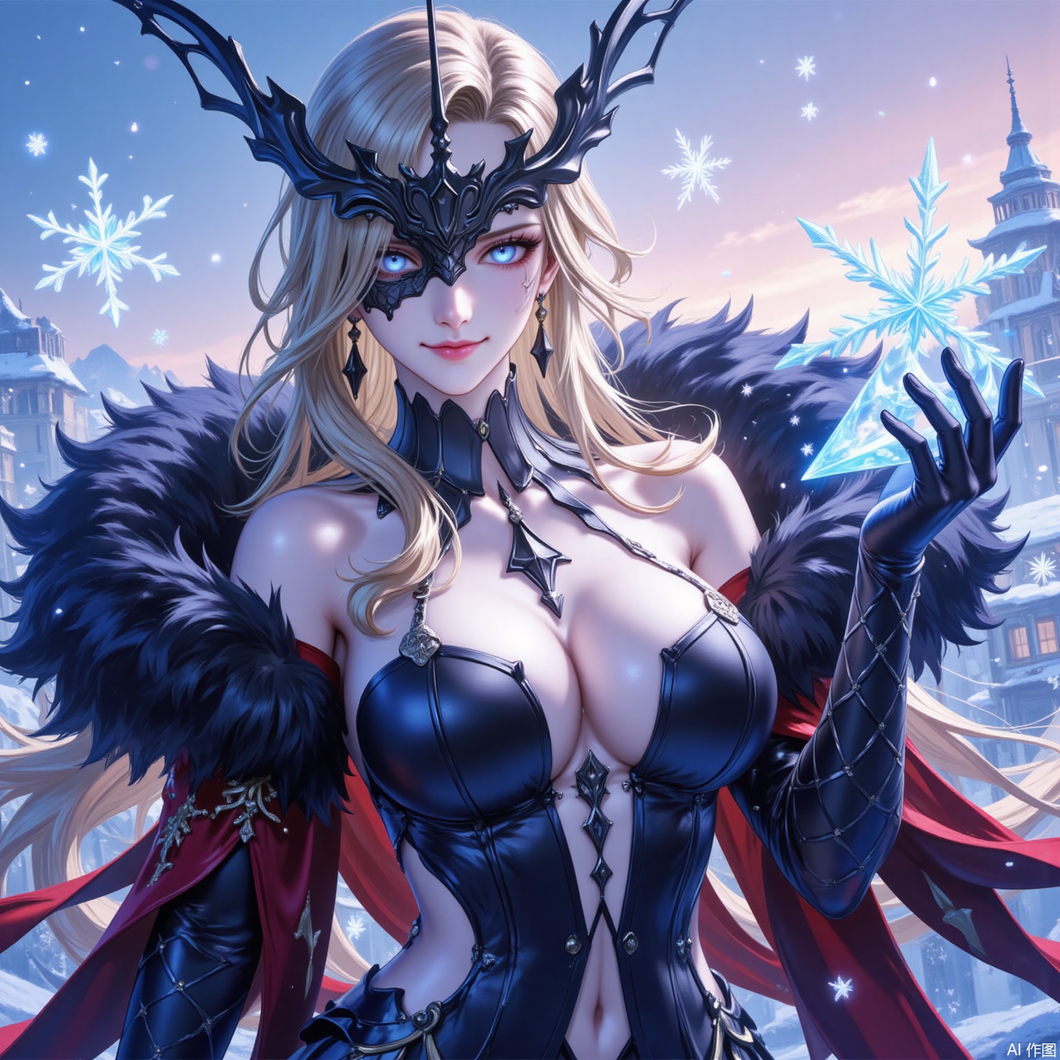 nvshi,1girl,breasts,blonde hair,gloves,solo,jewelry,fur trim,long hair,earrings,dress,elbow gloves,blue eyes,large breasts,bare shoulders,navel,black gloves,looking at viewer,one eye covered,cleavage,smile,snowflakes,mask,black mask,hand up,cowboy shot,closed mouth,half mask,indoors,dangle earrings,standing,clothing cutout,navel cutout,strapless dress,10
cover,simple background,gradient_background,Close-up details,outstanding style,adding a touch of dimension to your images without compromising details,lvjing