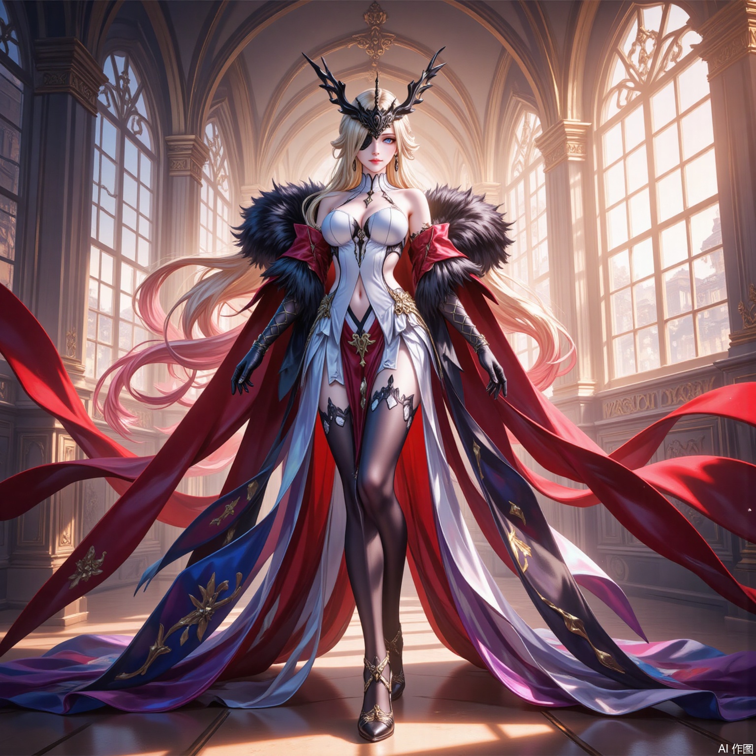 nvshi,nvshi,1girl,breasts,solo,blonde hair,gloves,dress,fur trim,jewelry,long hair,navel cutout,full body,earrings,indoors,black gloves,bare shoulders,thighhighs,looking at viewer,navel,standing,light rays,one eye covered,cleavage,clothing cutout,elbow gloves,very long hair,sunlight,smile,closed mouth,large breasts,black footwear,black mask,multicolored hair,window,fur-trimmed coat,blue eyes,eye mask,white dress,gradient hair,gradient legwear,high heels,mask,eyepatch,boots,red carpet,half mask,two-sided fabric,coat,pelvic curtain,thigh boots,thighs,2,
cover,simple background,gradient_background,Close-up details,outstanding style,adding a touch of dimension to your images without compromising details,lvjing