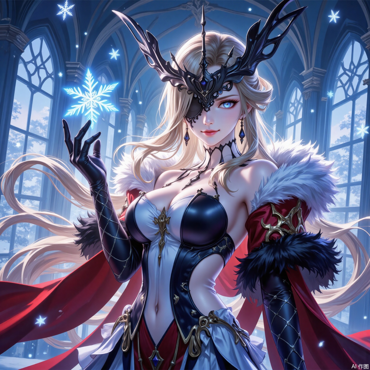 nvshi,1girl,breasts,blonde hair,gloves,solo,jewelry,fur trim,long hair,earrings,dress,elbow gloves,blue eyes,large breasts,bare shoulders,navel,black gloves,looking at viewer,one eye covered,cleavage,smile,snowflakes,mask,black mask,hand up,cowboy shot,closed mouth,half mask,indoors,dangle earrings,standing,clothing cutout,navel cutout,strapless dress,10
cover,simple background,gradient_background,Close-up details,outstanding style,adding a touch of dimension to your images without compromising details,lvjing