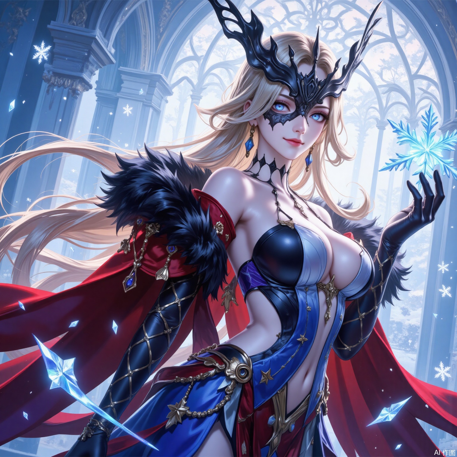 nvshi,1girl,breasts,blonde hair,gloves,solo,jewelry,fur trim,long hair,earrings,dress,elbow gloves,blue eyes,large breasts,bare shoulders,navel,black gloves,looking at viewer,one eye covered,cleavage,smile,snowflakes,mask,black mask,hand up,cowboy shot,closed mouth,half mask,indoors,dangle earrings,standing,clothing cutout,navel cutout,strapless dress,10
cover,simple background,gradient_background,Close-up details,outstanding style,adding a touch of dimension to your images without compromising details,lvjing