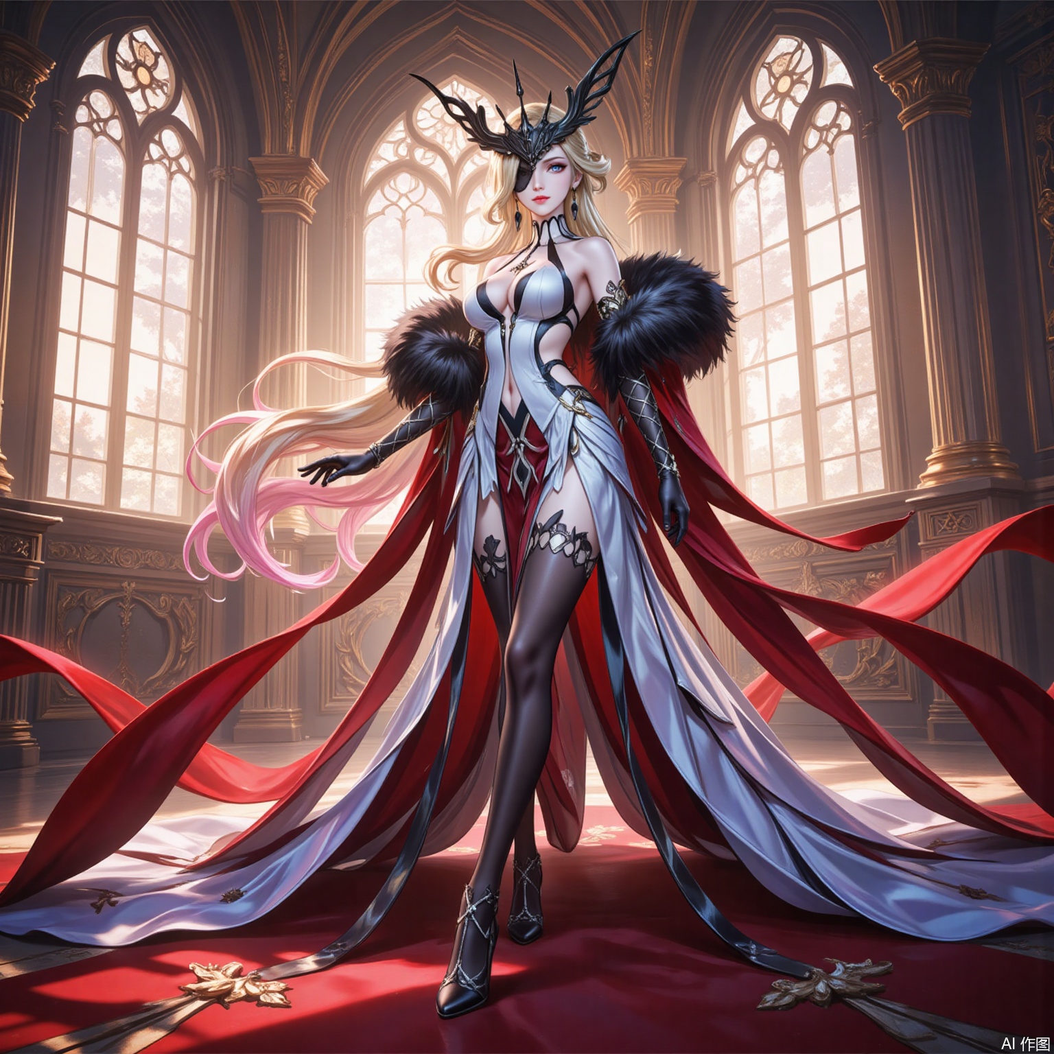 nvshi,nvshi,1girl,breasts,solo,blonde hair,gloves,dress,fur trim,jewelry,long hair,navel cutout,full body,earrings,indoors,black gloves,bare shoulders,thighhighs,looking at viewer,navel,standing,light rays,one eye covered,cleavage,clothing cutout,elbow gloves,very long hair,sunlight,smile,closed mouth,large breasts,black footwear,black mask,multicolored hair,window,fur-trimmed coat,blue eyes,eye mask,white dress,gradient hair,gradient legwear,high heels,mask,eyepatch,boots,red carpet,half mask,two-sided fabric,coat,pelvic curtain,thigh boots,thighs,2,
cover,simple background,gradient_background,Close-up details,outstanding style,adding a touch of dimension to your images without compromising details,lvjing