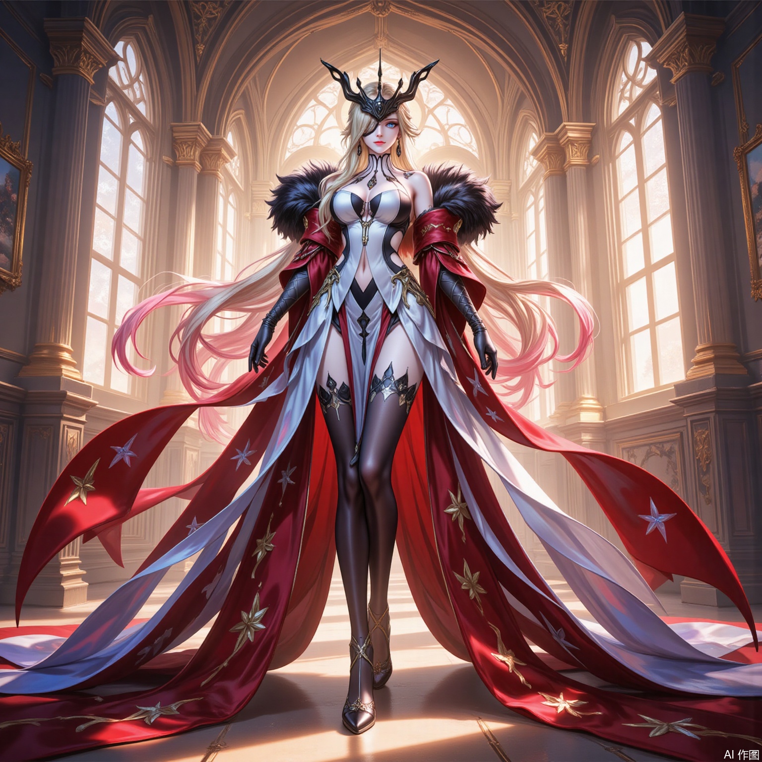 nvshi,nvshi,1girl,breasts,solo,blonde hair,gloves,dress,fur trim,jewelry,long hair,navel cutout,full body,earrings,indoors,black gloves,bare shoulders,thighhighs,looking at viewer,navel,standing,light rays,one eye covered,cleavage,clothing cutout,elbow gloves,very long hair,sunlight,smile,closed mouth,large breasts,black footwear,black mask,multicolored hair,window,fur-trimmed coat,blue eyes,eye mask,white dress,gradient hair,gradient legwear,high heels,mask,eyepatch,boots,red carpet,half mask,two-sided fabric,coat,pelvic curtain,thigh boots,thighs,2,
cover,simple background,gradient_background,Close-up details,outstanding style,adding a touch of dimension to your images without compromising details,lvjing