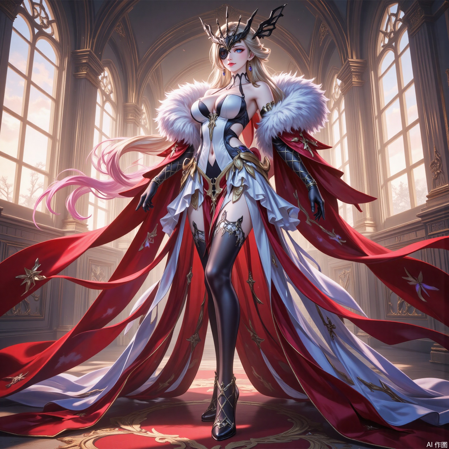 nvshi,nvshi,1girl,breasts,solo,blonde hair,gloves,dress,fur trim,jewelry,long hair,navel cutout,full body,earrings,indoors,black gloves,bare shoulders,thighhighs,looking at viewer,navel,standing,light rays,one eye covered,cleavage,clothing cutout,elbow gloves,very long hair,sunlight,smile,closed mouth,large breasts,black footwear,black mask,multicolored hair,window,fur-trimmed coat,blue eyes,eye mask,white dress,gradient hair,gradient legwear,high heels,mask,eyepatch,boots,red carpet,half mask,two-sided fabric,coat,pelvic curtain,thigh boots,thighs,2,
cover,simple background,gradient_background,Close-up details,outstanding style,adding a touch of dimension to your images without compromising details,lvjing