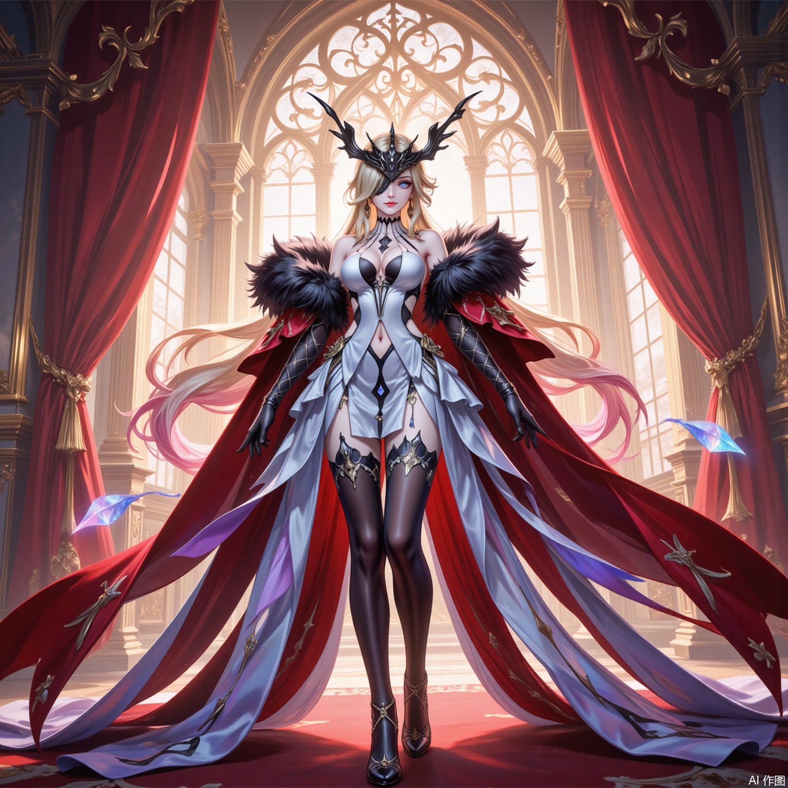 nvshi,nvshi,1girl,breasts,solo,blonde hair,gloves,dress,fur trim,jewelry,long hair,navel cutout,full body,earrings,indoors,black gloves,bare shoulders,thighhighs,looking at viewer,navel,standing,light rays,one eye covered,cleavage,clothing cutout,elbow gloves,very long hair,sunlight,smile,closed mouth,large breasts,black footwear,black mask,multicolored hair,window,fur-trimmed coat,blue eyes,eye mask,white dress,gradient hair,gradient legwear,high heels,mask,eyepatch,boots,red carpet,half mask,two-sided fabric,coat,pelvic curtain,thigh boots,thighs,2,
cover,simple background,gradient_background,Close-up details,outstanding style,adding a touch of dimension to your images without compromising details,lvjing