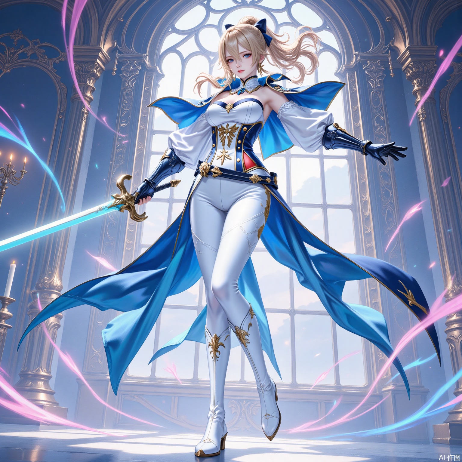qin,1girl, jean \(genshin impact\), weapon, solo, sword, blonde hair, holding sword, white pants, breasts, blue eyes, holding weapon, pants, ponytail, holding, capelet, full body, looking at viewer, boots, detached sleeves, long hair, hair bow, bow, strapless, standing, hair between eyes, medium breasts, white footwear, closed mouth, cleavage, tight clothes, indoors, tight pants, knee boots, cross, belt, gloves, cross earrings, strapless shirt, window, gauntlets, sidelocks, candle, dutch angle,2
cover,simple background,gradient_background,Close-up details,outstanding style,adding a touch of dimension to your images without compromising details,
lvjing