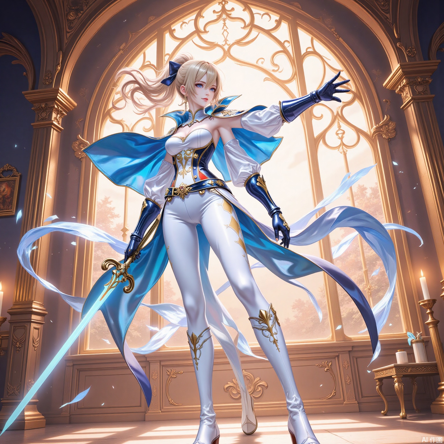 qin,1girl, jean \(genshin impact\), weapon, solo, sword, blonde hair, holding sword, white pants, breasts, blue eyes, holding weapon, pants, ponytail, holding, capelet, full body, looking at viewer, boots, detached sleeves, long hair, hair bow, bow, strapless, standing, hair between eyes, medium breasts, white footwear, closed mouth, cleavage, tight clothes, indoors, tight pants, knee boots, cross, belt, gloves, cross earrings, strapless shirt, window, gauntlets, sidelocks, candle, dutch angle,2
cover,simple background,gradient_background,Close-up details,outstanding style,adding a touch of dimension to your images without compromising details,
lvjing