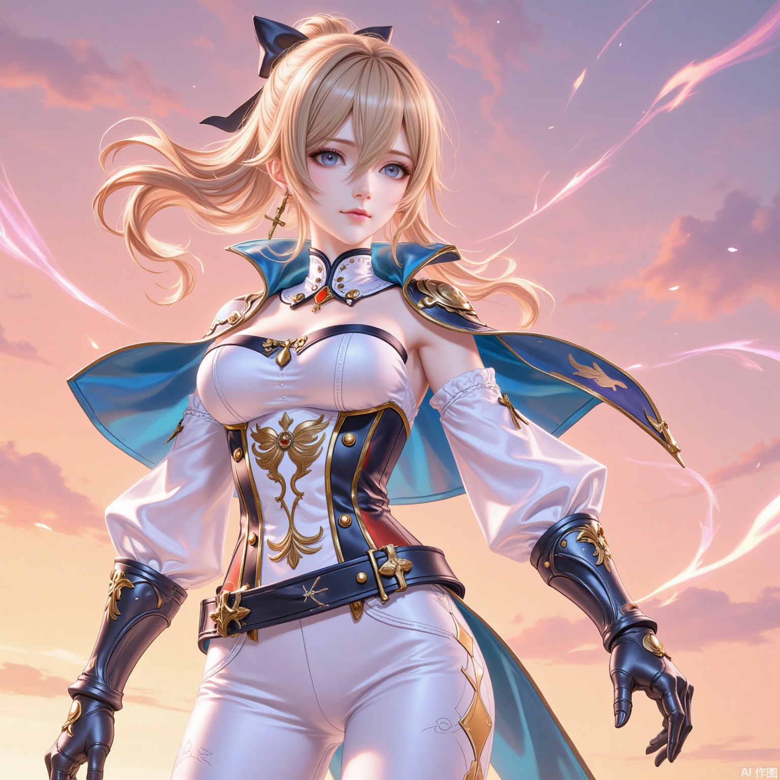 qin,1girl,jean \(genshin impact\),cross earrings,solo,blonde hair,breasts,cross,capelet,blue eyes,strapless,earrings,jewelry,white pants,ponytail,looking at viewer,pants,detached sleeves,blue capelet,bow,hair bow,gauntlets,hair between eyes,sky,cowboy shot,long hair,medium breasts,belt,sidelocks,tight pants,cleavage,tight clothes,corset,strapless shirt,armpits,gloves,closed mouth,detached collar,orange sky,sunset,standing,outdoors,5,cover,simple background,gradient_background,Close-up details,outstanding style,adding a touch of dimension to your images without compromising details,
lvjing