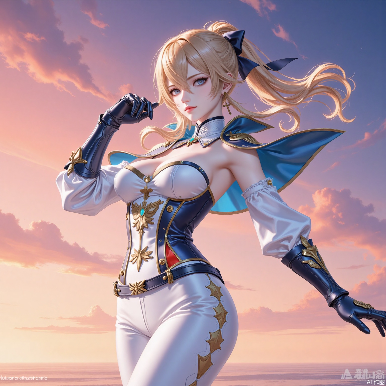 qin,1girl,jean \(genshin impact\),cross earrings,solo,blonde hair,breasts,cross,capelet,blue eyes,strapless,earrings,jewelry,white pants,ponytail,looking at viewer,pants,detached sleeves,blue capelet,bow,hair bow,gauntlets,hair between eyes,sky,cowboy shot,long hair,medium breasts,belt,sidelocks,tight pants,cleavage,tight clothes,corset,strapless shirt,armpits,gloves,closed mouth,detached collar,orange sky,sunset,standing,outdoors,5,cover,simple background,gradient_background,Close-up details,outstanding style,adding a touch of dimension to your images without compromising details,
lvjing