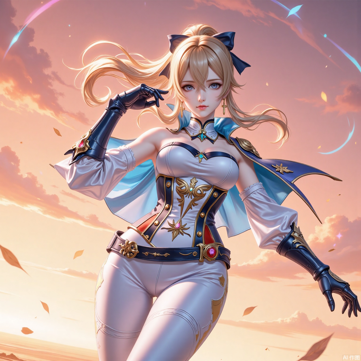 qin,1girl,jean \(genshin impact\),cross earrings,solo,blonde hair,breasts,cross,capelet,blue eyes,strapless,earrings,jewelry,white pants,ponytail,looking at viewer,pants,detached sleeves,blue capelet,bow,hair bow,gauntlets,hair between eyes,sky,cowboy shot,long hair,medium breasts,belt,sidelocks,tight pants,cleavage,tight clothes,corset,strapless shirt,armpits,gloves,closed mouth,detached collar,orange sky,sunset,standing,outdoors,5,cover,simple background,gradient_background,Close-up details,outstanding style,adding a touch of dimension to your images without compromising details,
lvjing