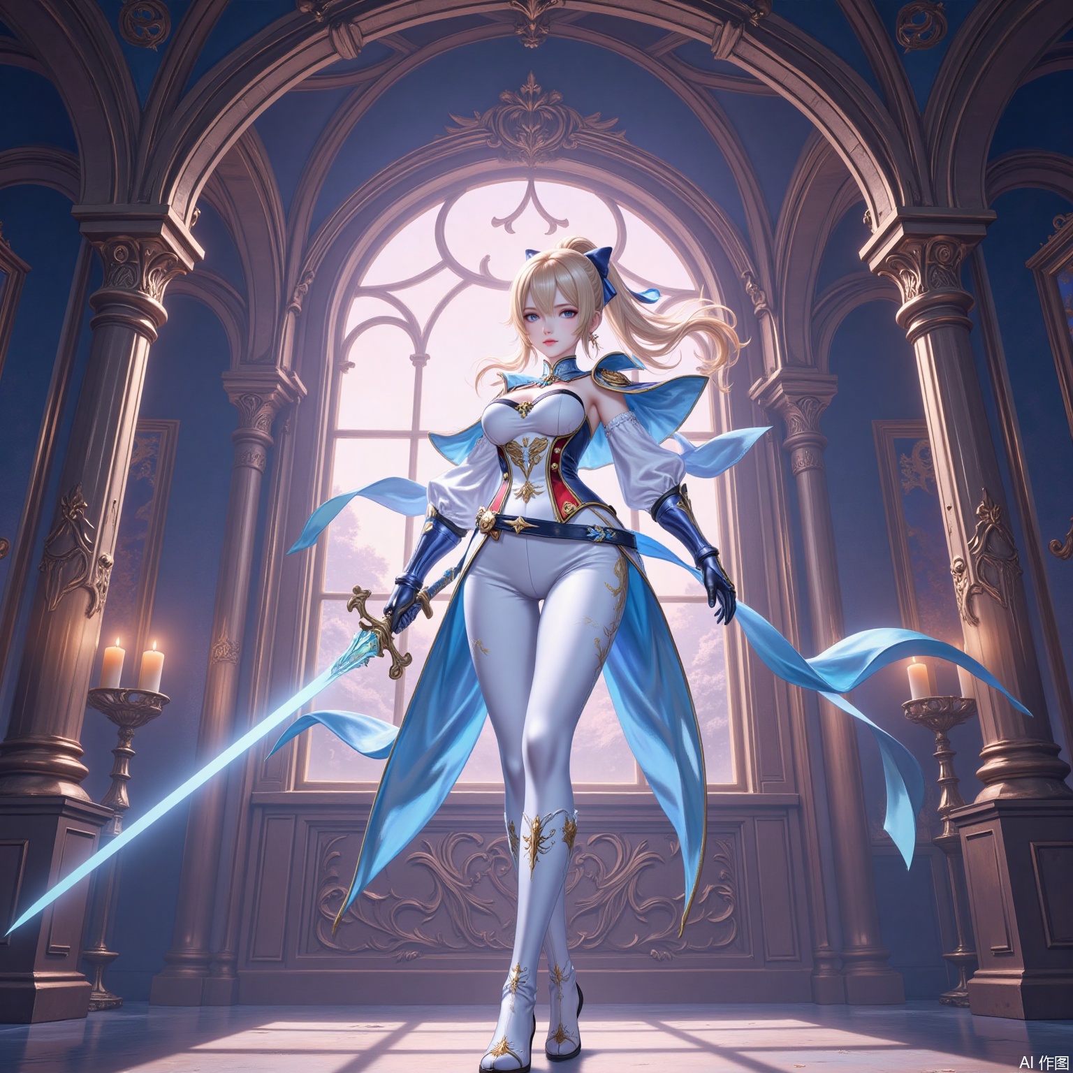 qin,1girl, jean \(genshin impact\), weapon, solo, sword, blonde hair, holding sword, white pants, breasts, blue eyes, holding weapon, pants, ponytail, holding, capelet, full body, looking at viewer, boots, detached sleeves, long hair, hair bow, bow, strapless, standing, hair between eyes, medium breasts, white footwear, closed mouth, cleavage, tight clothes, indoors, tight pants, knee boots, cross, belt, gloves, cross earrings, strapless shirt, window, gauntlets, sidelocks, candle, dutch angle,2
cover,simple background,gradient_background,Close-up details,outstanding style,adding a touch of dimension to your images without compromising details,
lvjing