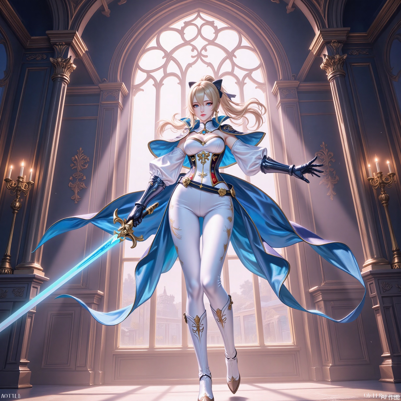 qin,1girl, jean \(genshin impact\), weapon, solo, sword, blonde hair, holding sword, white pants, breasts, blue eyes, holding weapon, pants, ponytail, holding, capelet, full body, looking at viewer, boots, detached sleeves, long hair, hair bow, bow, strapless, standing, hair between eyes, medium breasts, white footwear, closed mouth, cleavage, tight clothes, indoors, tight pants, knee boots, cross, belt, gloves, cross earrings, strapless shirt, window, gauntlets, sidelocks, candle, dutch angle,2
cover,simple background,gradient_background,Close-up details,outstanding style,adding a touch of dimension to your images without compromising details,
lvjing
