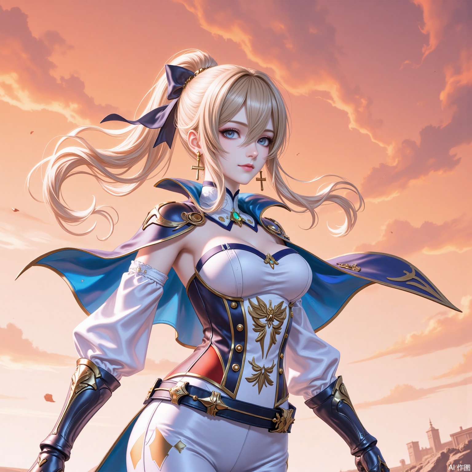 qin,1girl,jean \(genshin impact\),cross earrings,solo,blonde hair,breasts,cross,capelet,blue eyes,strapless,earrings,jewelry,white pants,ponytail,looking at viewer,pants,detached sleeves,blue capelet,bow,hair bow,gauntlets,hair between eyes,sky,cowboy shot,long hair,medium breasts,belt,sidelocks,tight pants,cleavage,tight clothes,corset,strapless shirt,armpits,gloves,closed mouth,detached collar,orange sky,sunset,standing,outdoors,5,cover,simple background,gradient_background,Close-up details,outstanding style,adding a touch of dimension to your images without compromising details,
lvjing
