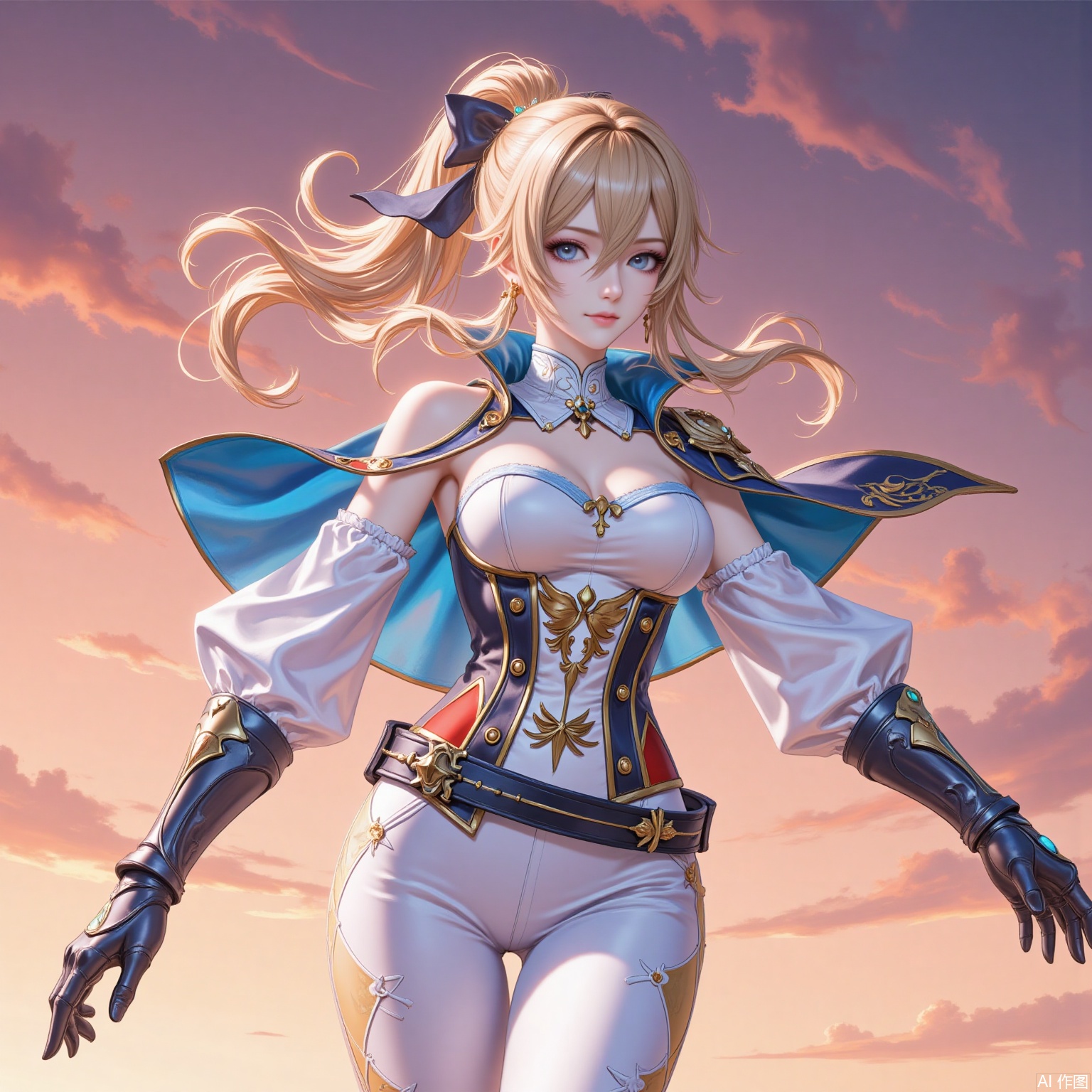 qin,1girl,jean \(genshin impact\),cross earrings,solo,blonde hair,breasts,cross,capelet,blue eyes,strapless,earrings,jewelry,white pants,ponytail,looking at viewer,pants,detached sleeves,blue capelet,bow,hair bow,gauntlets,hair between eyes,sky,cowboy shot,long hair,medium breasts,belt,sidelocks,tight pants,cleavage,tight clothes,corset,strapless shirt,armpits,gloves,closed mouth,detached collar,orange sky,sunset,standing,outdoors,5,cover,simple background,gradient_background,Close-up details,outstanding style,adding a touch of dimension to your images without compromising details,
lvjing