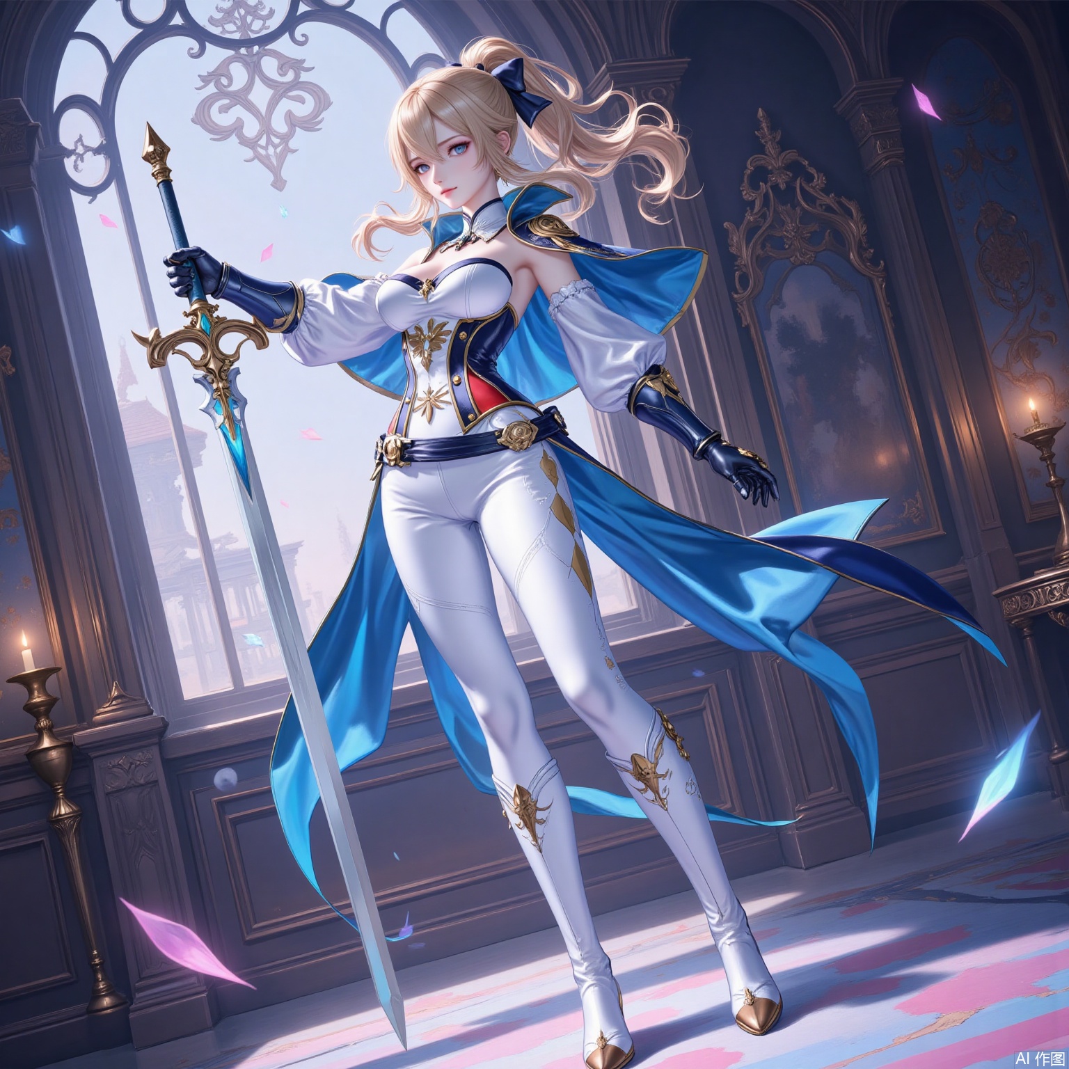 qin,1girl, jean \(genshin impact\), weapon, solo, sword, blonde hair, holding sword, white pants, breasts, blue eyes, holding weapon, pants, ponytail, holding, capelet, full body, looking at viewer, boots, detached sleeves, long hair, hair bow, bow, strapless, standing, hair between eyes, medium breasts, white footwear, closed mouth, cleavage, tight clothes, indoors, tight pants, knee boots, cross, belt, gloves, cross earrings, strapless shirt, window, gauntlets, sidelocks, candle, dutch angle,2
cover,simple background,gradient_background,Close-up details,outstanding style,adding a touch of dimension to your images without compromising details,
lvjing
