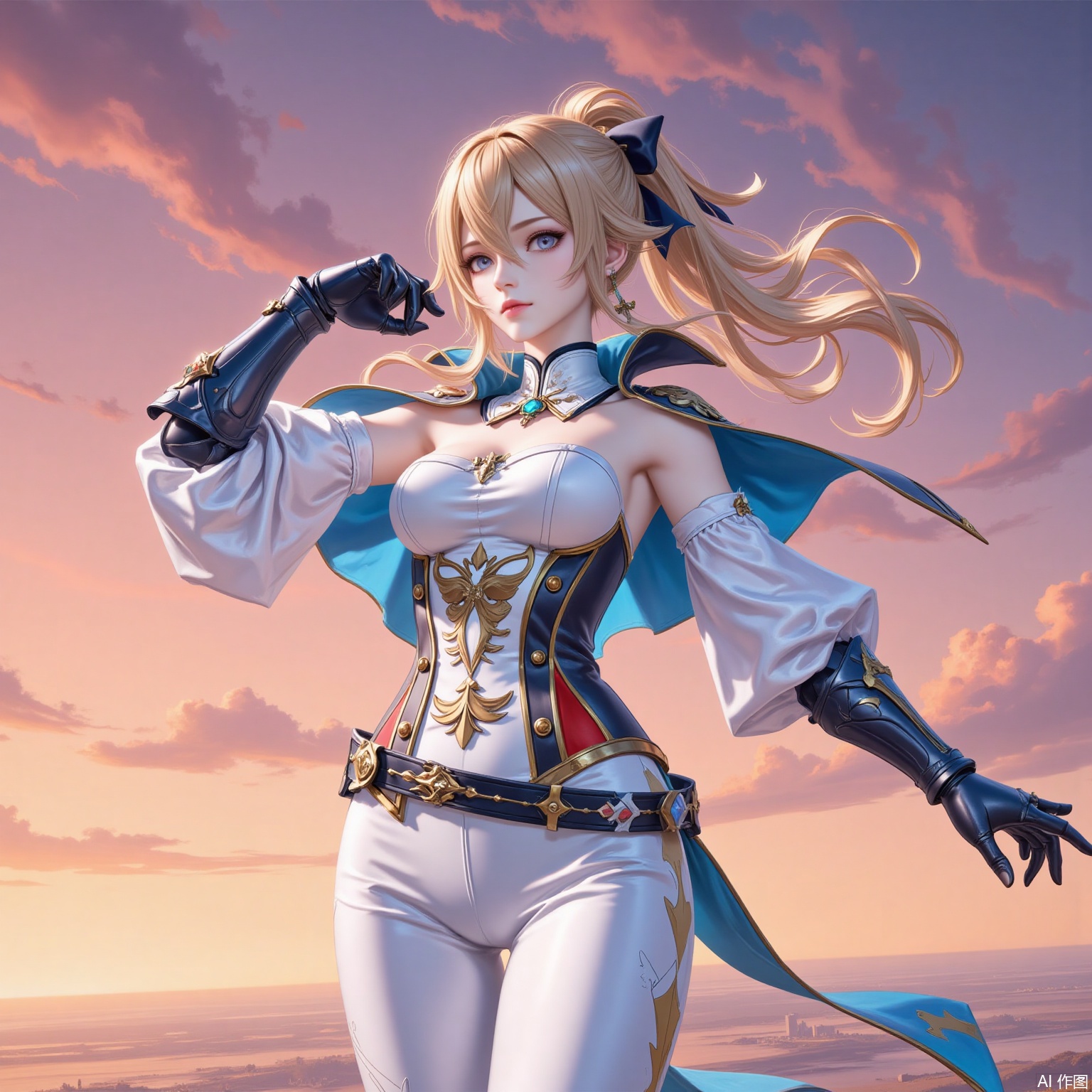 qin,1girl,jean \(genshin impact\),cross earrings,solo,blonde hair,breasts,cross,capelet,blue eyes,strapless,earrings,jewelry,white pants,ponytail,looking at viewer,pants,detached sleeves,blue capelet,bow,hair bow,gauntlets,hair between eyes,sky,cowboy shot,long hair,medium breasts,belt,sidelocks,tight pants,cleavage,tight clothes,corset,strapless shirt,armpits,gloves,closed mouth,detached collar,orange sky,sunset,standing,outdoors,5,cover,simple background,gradient_background,Close-up details,outstanding style,adding a touch of dimension to your images without compromising details,
lvjing