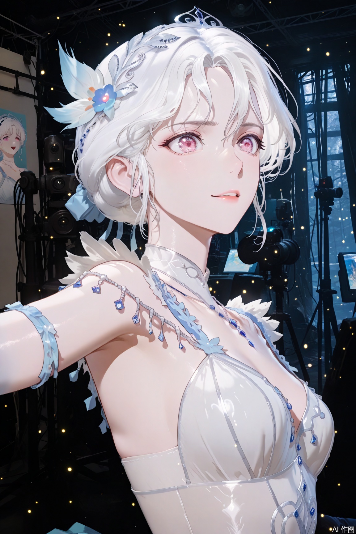 1girl, ballet girl, ballet costume, white hair,short hair,pink eyes, happy,determined expression,detailed expression, upper body, waist up, frontal view, backstage, detailed backstage environment, soft lighting, masterpiece, best quality, high resolution,youen02
