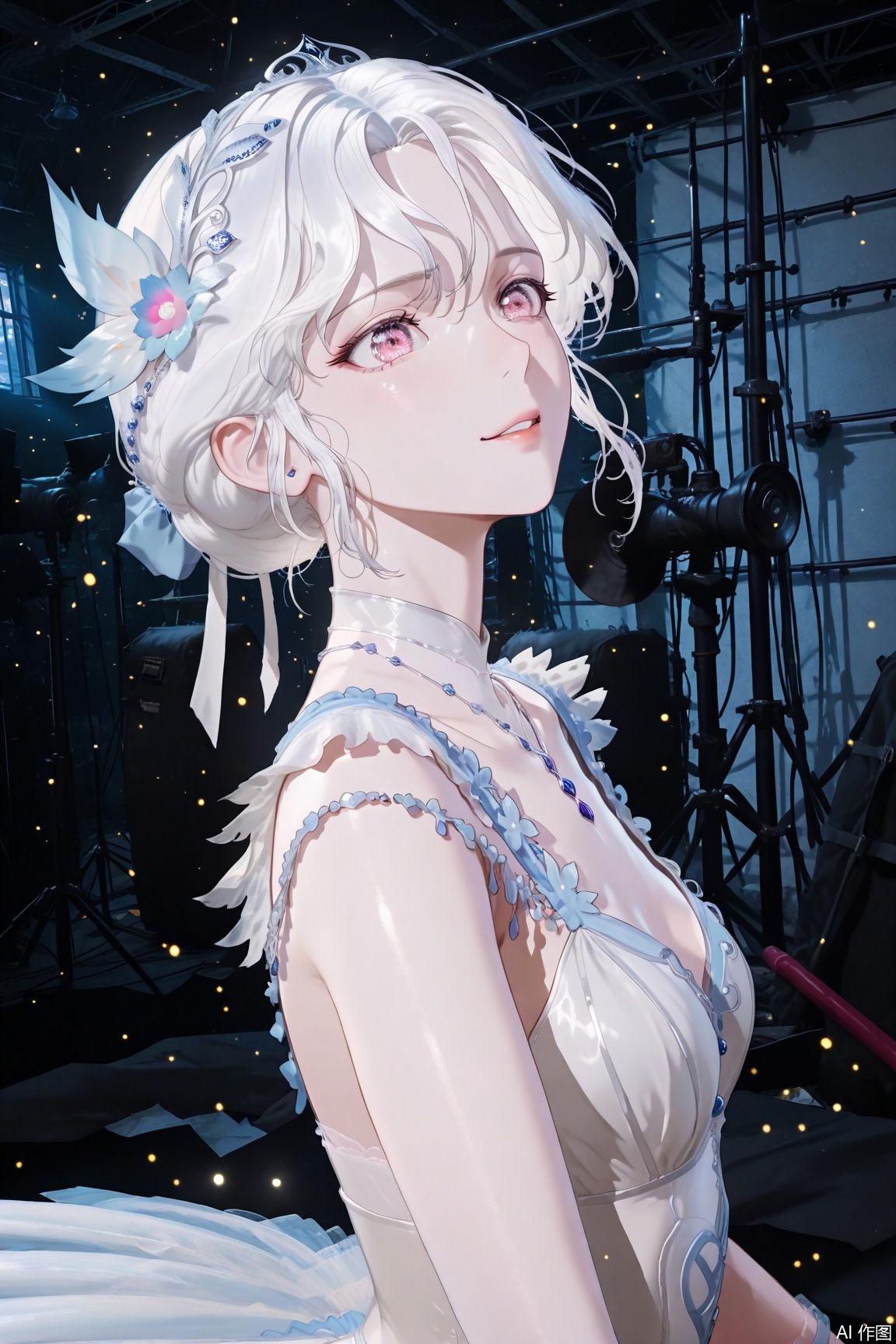 1girl, ballet girl, ballet costume, white hair,short hair,pink eyes, happy,determined expression,detailed expression, upper body, waist up, frontal view, backstage, detailed backstage environment, soft lighting, masterpiece, best quality, high resolution,youen02