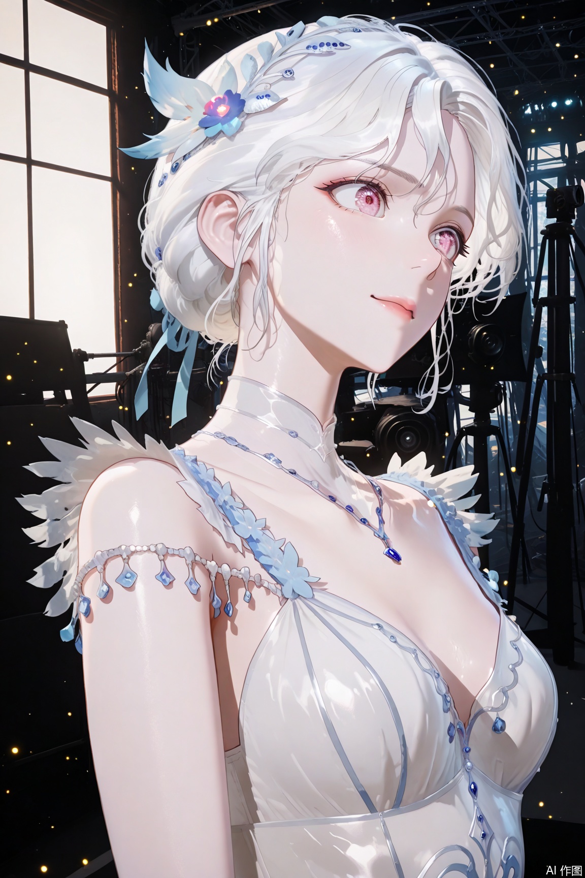 1girl, ballet girl, ballet costume, white hair,short hair,pink eyes, happy,determined expression,detailed expression, upper body, waist up, frontal view, backstage, detailed backstage environment, soft lighting, masterpiece, best quality, high resolution,youen02