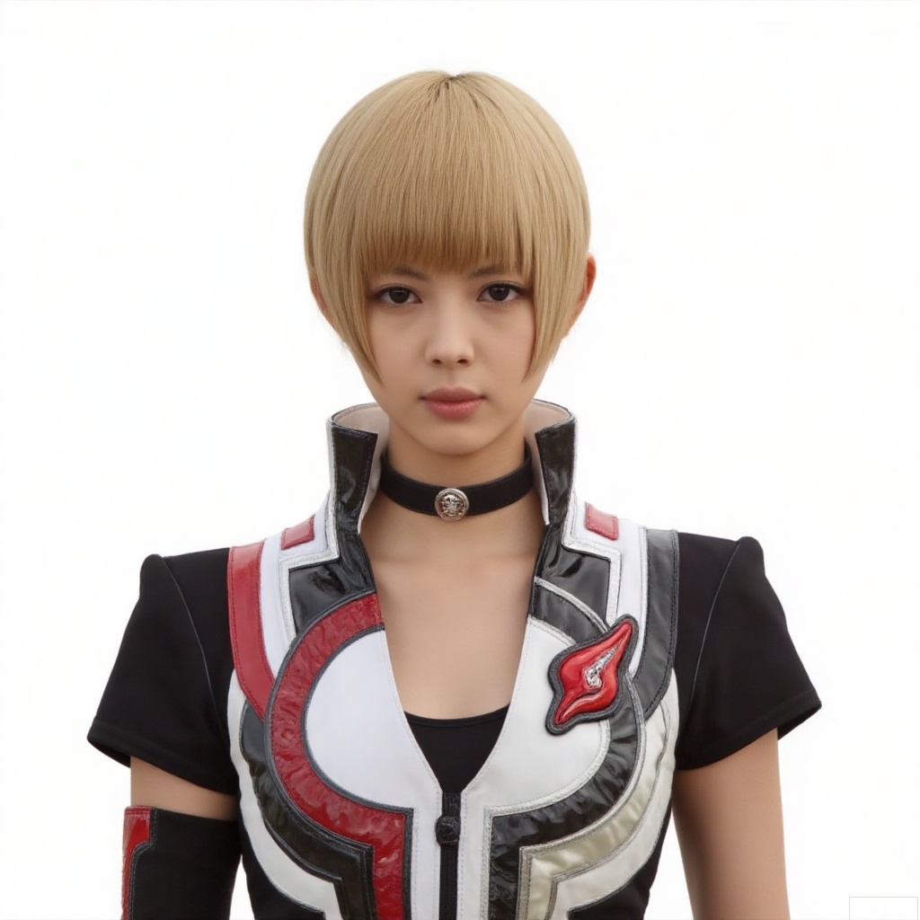 masterpiece, best quality,solo,((white background:1.2)),simple background,
looking at viewer,1girl,female focus,blonde hair,realistic,boots,jacket,black gloves,armor,blue eyes,collar,breasts,black legwear,elbow gloves,gloves,choker,thighhighs,short hair,jewelry