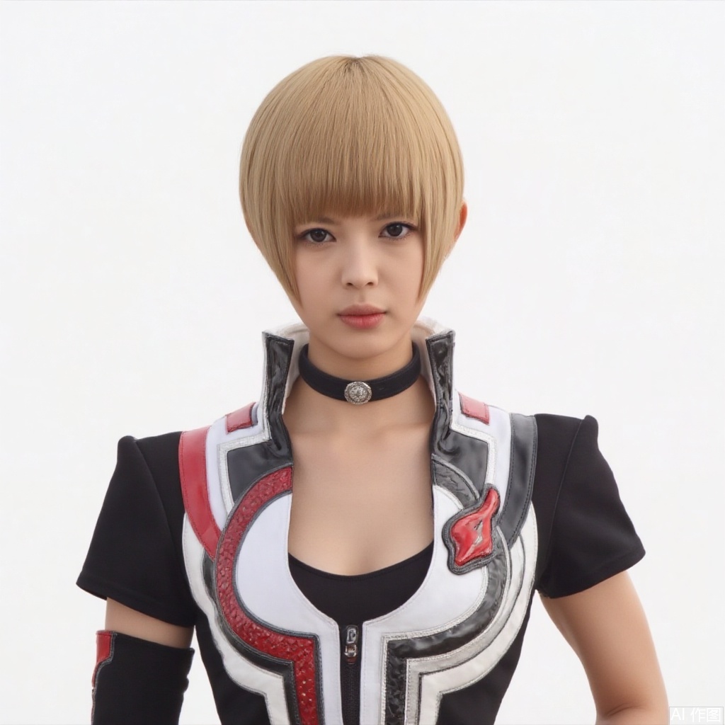 masterpiece, best quality,solo,((white background:1.2)),simple background,
looking at viewer,1girl,female focus,blonde hair,realistic,boots,jacket,black gloves,armor,blue eyes,collar,breasts,black legwear,elbow gloves,gloves,choker,thighhighs,short hair,jewelry