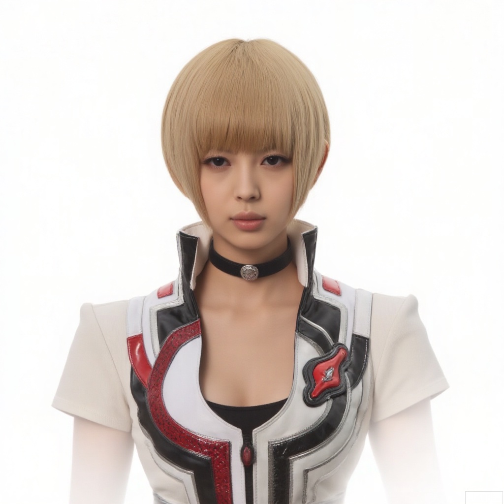 masterpiece, best quality,solo,((white background:1.2)),simple background,
looking at viewer,1girl,female focus,blonde hair,realistic,boots,jacket,black gloves,armor,blue eyes,collar,breasts,black legwear,elbow gloves,gloves,choker,thighhighs,short hair,jewelry