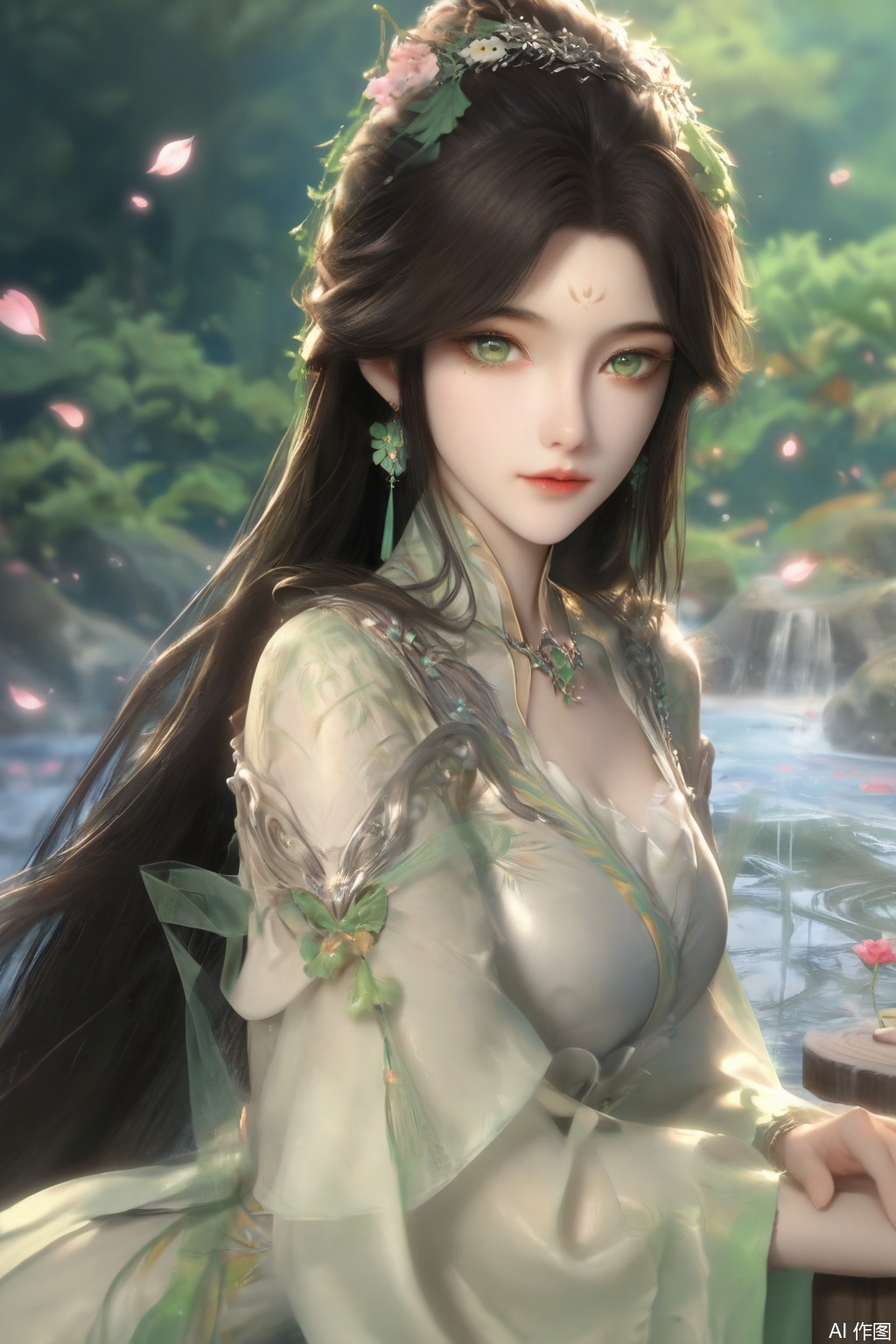 score_9,score_8_up,score_7_up,1girl,looking at viewer,solo,long hair,black hair,hair ornament,dress,jewelry,very long hair,green eyes,earrings,white dress,facial mark,forehead mark,realistic,happiness,indoors,Hot spring,petals,water,bent over