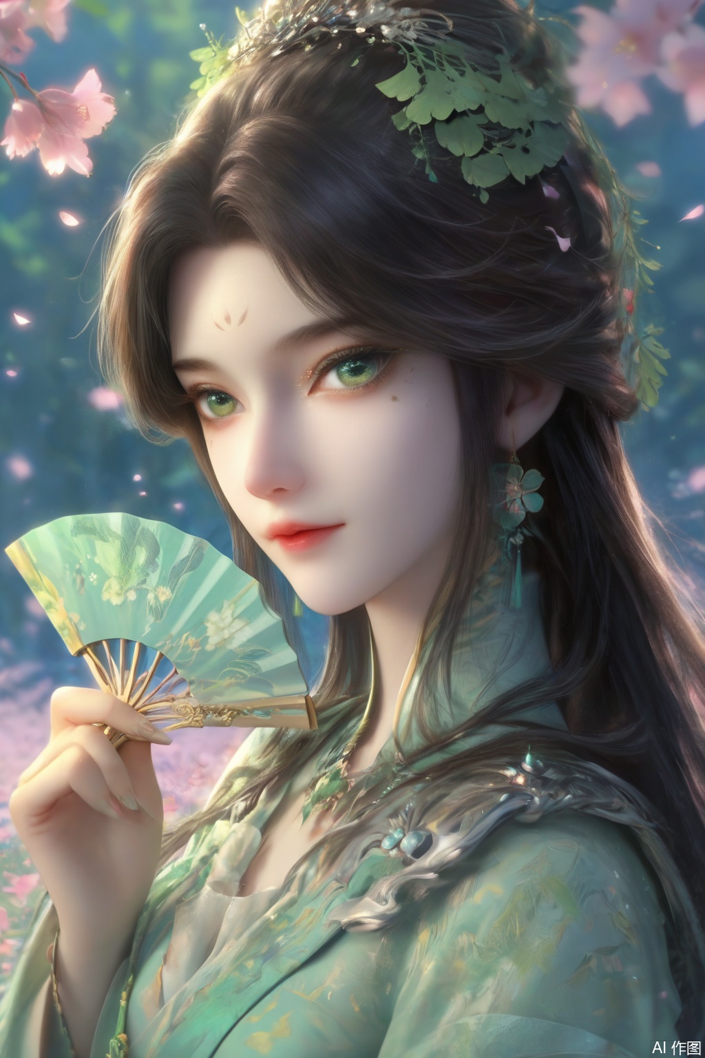 score_9,score_8_up,score_7_up,1girl,looking at viewer,solo,green eyes,facial mark,forehead mark,realistic,happiness,petals,holding fan,folding fan,Folding fan covers half of the face,