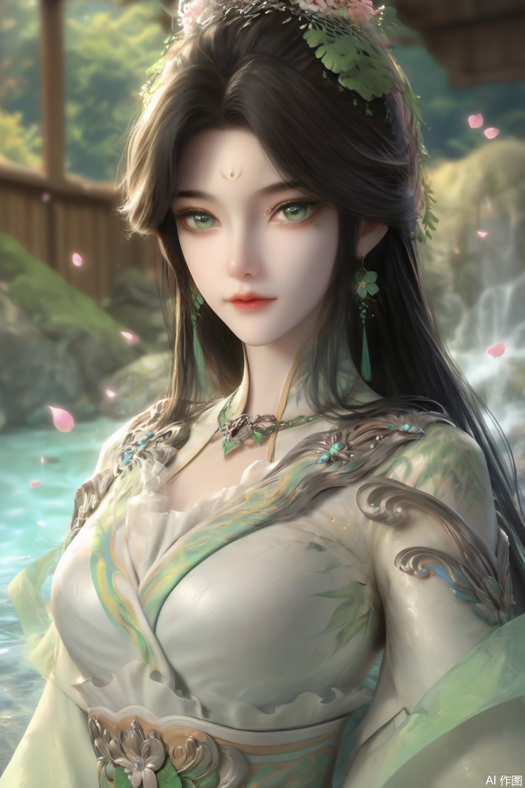 score_9,score_8_up,score_7_up,1girl,looking at viewer,solo,long hair,black hair,hair ornament,dress,jewelry,very long hair,green eyes,earrings,white dress,facial mark,forehead mark,realistic,happiness,indoors,Hot spring,petals,water