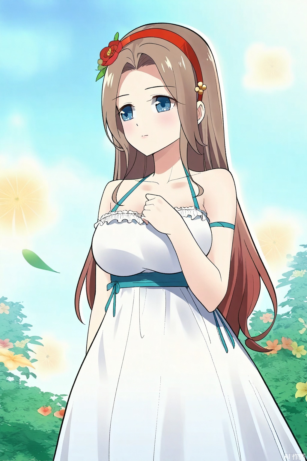 1girl,solo,long hair, breasts, blue eyes, large breasts, brown hair, hair ornament,  bare shoulders, flower, hairband, sleeveless, white dress,  sleeveless dress, red flower, red hairband,