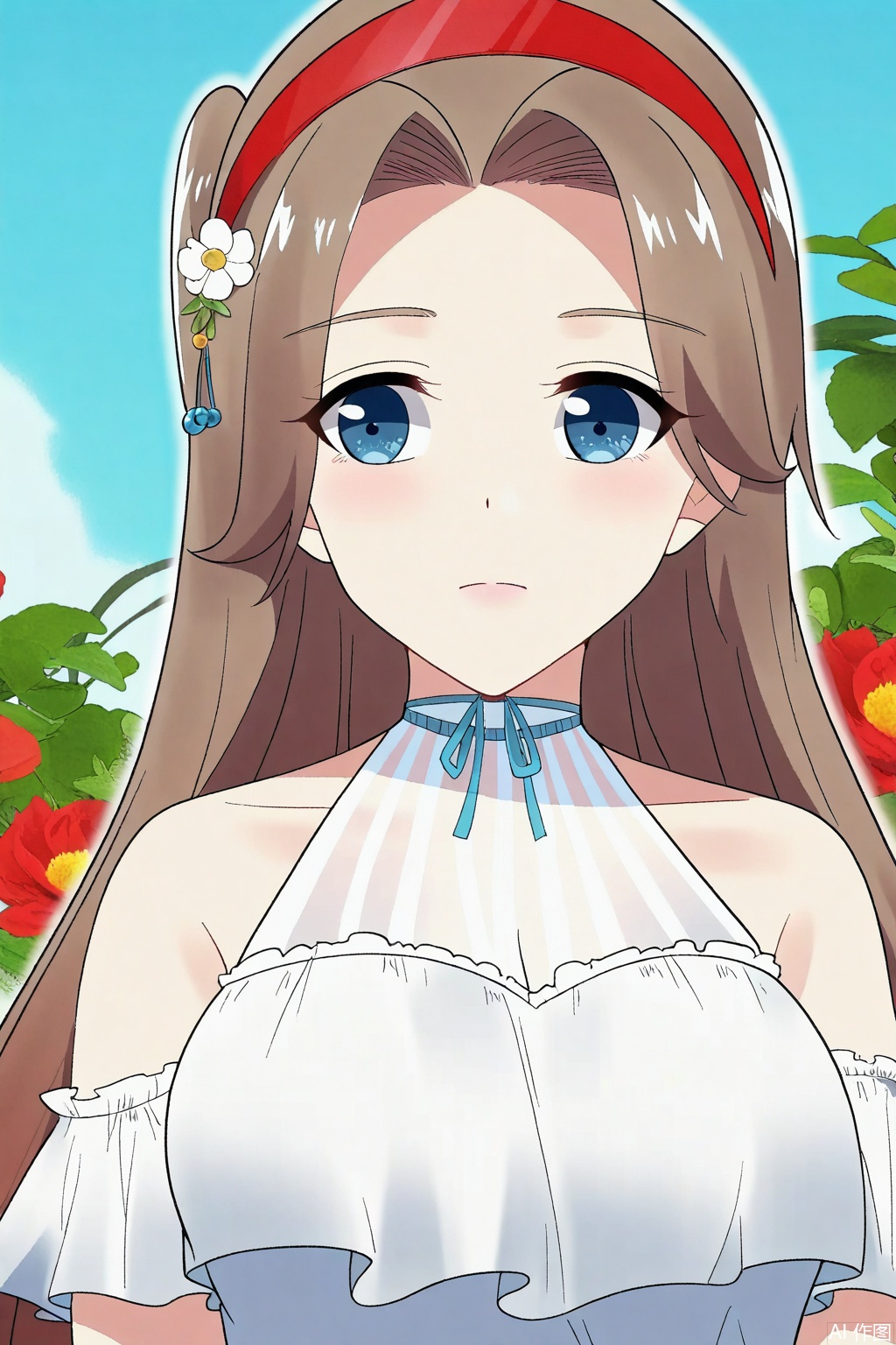 1girl,solo,long hair, breasts, blue eyes, large breasts, brown hair, hair ornament,  bare shoulders, flower, hairband, sleeveless, white dress,  sleeveless dress, red flower, red hairband,