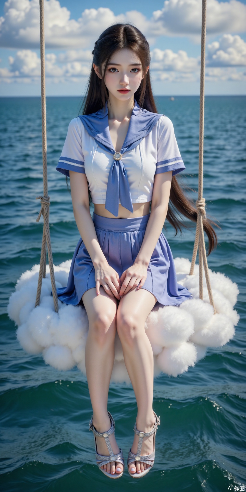 真人肌肤纹理, 4K画质,完美身材,long legs,big_breasts,navel,,Film texture,, film and television, surrealism, a girl with a delicate face is sitting on a cloud swing. The girl is wearing a jk sailor uniform, a white short-sleeved shirt, light blue stripes trimming, a light blue tie, white blue pleated skirt, exquisite diamond-encrusted high heels, swing rope The sub is connected to a cloud in the sky, the background is a vast ocean, the water shows a consistent blue-green tone, the sky is also blue-green, blending with the ocean, perfect light and shadow, hyper-realistic photography, sharpening, artistic conception, Consciousness, large areas of blank space, sense of space, haziness, dreams, fog,ziling