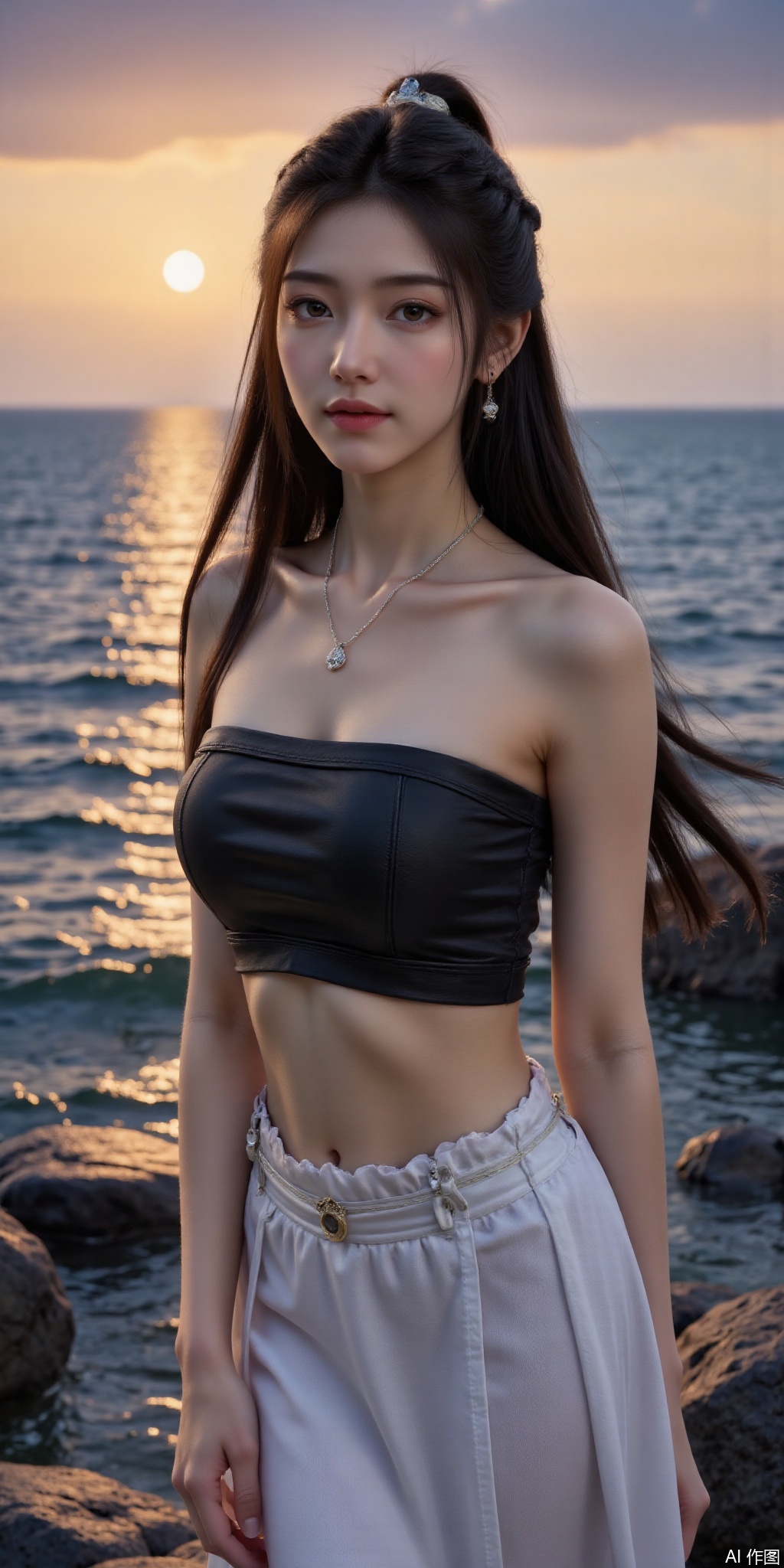 surreal warm cinematic full body shot photography, Kodak Professional Portra 160, 1girl,looking_at_viewer,navel,, ,realistic,,pose for picture,Dynamic posture, ,良好解剖结构,真人肌肤纹理, 4K画质,完美身材, 
best quality, masterpiece, realistic,cowboy_shot,(Good structure), DSLR Quality,Depth of field,kind smile,looking_at_viewer,Dynamic pose, 1girl, solo, long hair, , looking at viewer, skirt, hair ornament, bare shoulders, jewelry, , , earrings, outdoors, midriff, water, necklace, lips, crop top, grey eyes, leaning forward, ocean, white skirt, strapless vest, sunset, sun, 