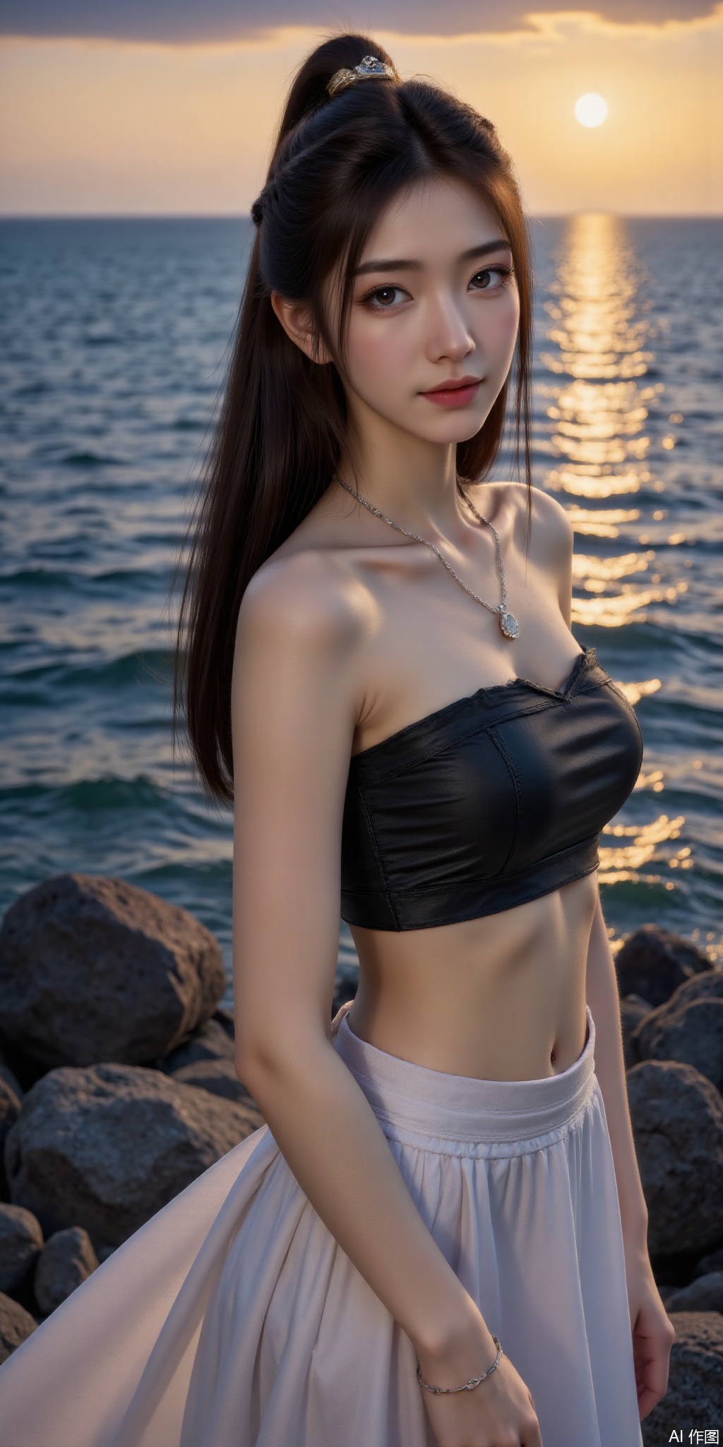 surreal warm cinematic full body shot photography, Kodak Professional Portra 160, 1girl,looking_at_viewer,navel,, ,realistic,,pose for picture,Dynamic posture, ,良好解剖结构,真人肌肤纹理, 4K画质,完美身材, 
best quality, masterpiece, realistic,cowboy_shot,(Good structure), DSLR Quality,Depth of field,kind smile,looking_at_viewer,Dynamic pose, 1girl, solo, long hair, , looking at viewer, skirt, hair ornament, bare shoulders, jewelry, , , earrings, outdoors, midriff, water, necklace, lips, crop top, grey eyes, leaning forward, ocean, white skirt, strapless vest, sunset, sun, 