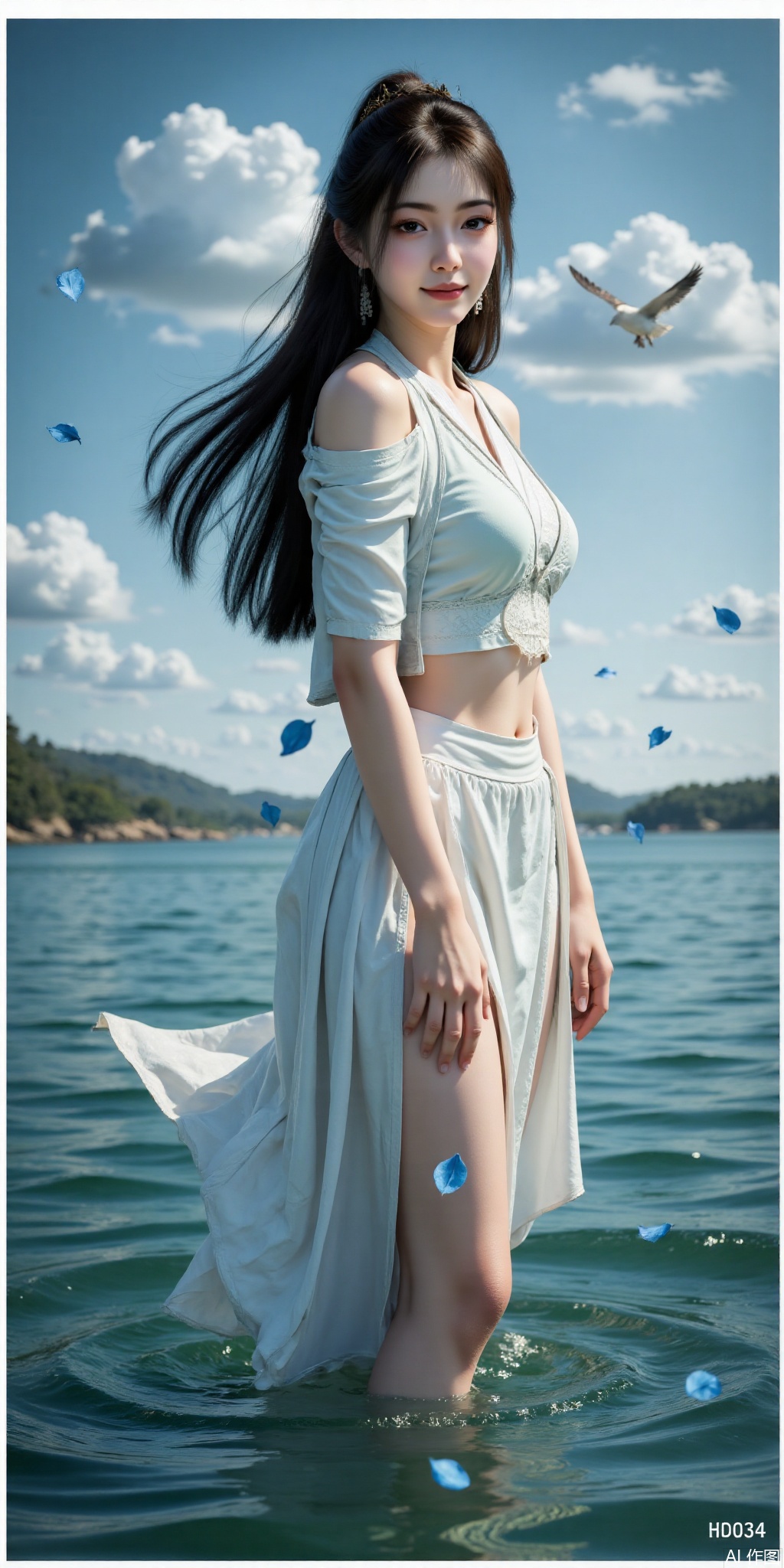 Surreal warm cinematic full body shot photography,Kodak Professional Portra 160,1 girl,looking at viewer,navel,realistic,pose for picture,dynamic posture,good anatomy,real skin texture,4K resolution,perfect figure,depth of field,(1 girl:1.2),very long hair,light smile,looking at viewer,white shirt,white skirt,(flying white chiffon:1.5),bare shoulder,(flying blue petals:1.2),(standing above water surface),sky background,(cloud:1.2),white bird,floating water drops,(white border:1.2),backlight,mupeiling