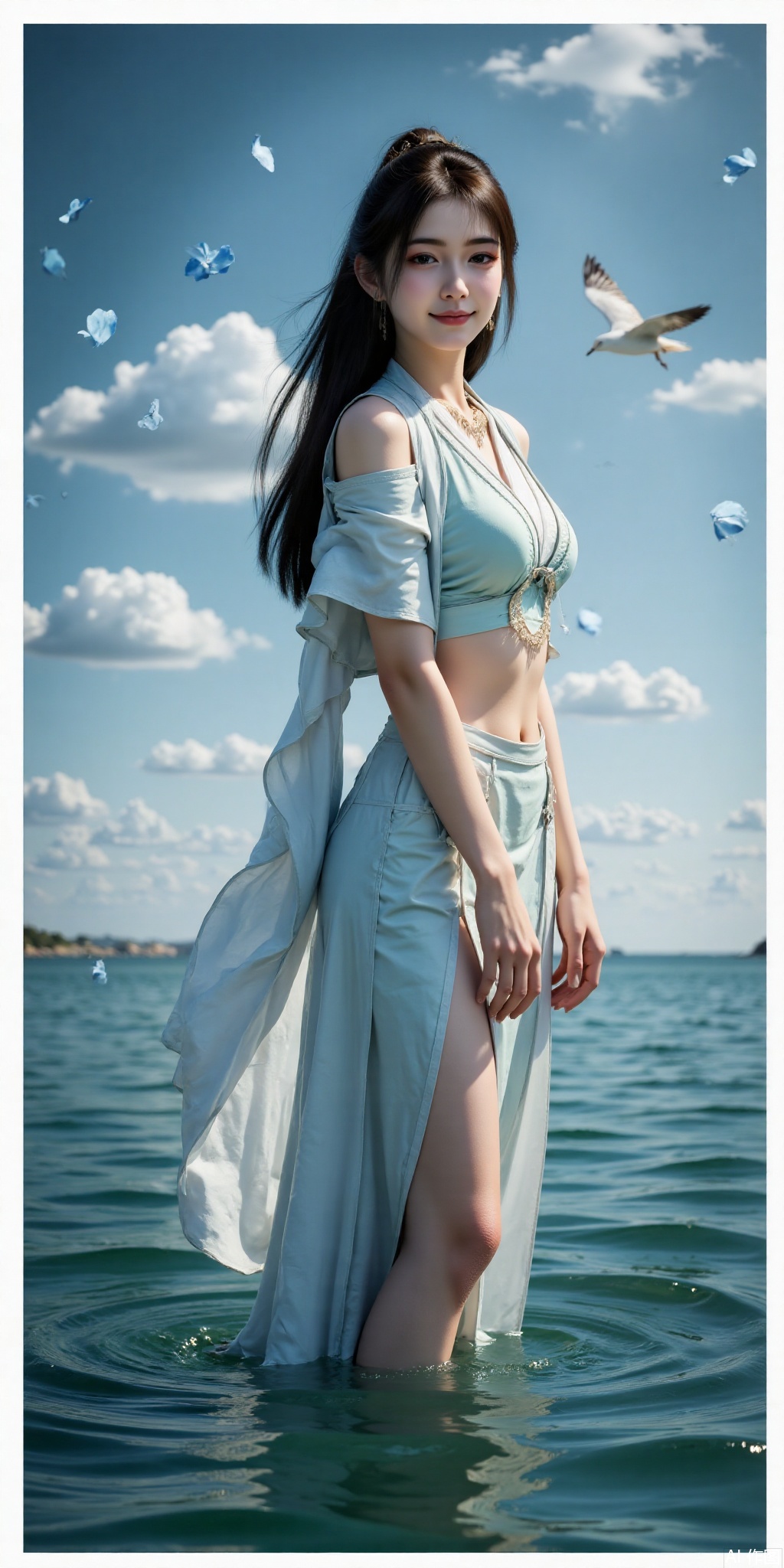 Surreal warm cinematic full body shot photography,Kodak Professional Portra 160,1 girl,looking at viewer,navel,realistic,pose for picture,dynamic posture,good anatomy,real skin texture,4K resolution,perfect figure,depth of field,(1 girl:1.2),very long hair,light smile,looking at viewer,white shirt,white skirt,(flying white chiffon:1.5),bare shoulder,(flying blue petals:1.2),(standing above water surface),sky background,(cloud:1.2),white bird,floating water drops,(white border:1.2),backlight,mupeiling,ponytail
