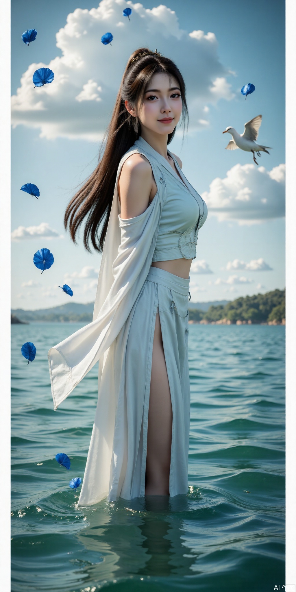 Surreal warm cinematic full body shot photography,Kodak Professional Portra 160,1 girl,looking at viewer,navel,realistic,pose for picture,dynamic posture,good anatomy,real skin texture,4K resolution,perfect figure,depth of field,(1 girl:1.2),very long hair,light smile,looking at viewer,white shirt,white skirt,(flying white chiffon:1.5),bare shoulder,(flying blue petals:1.2),(standing above water surface),sky background,(cloud:1.2),white bird,floating water drops,(white border:1.2),backlight,mupeiling,ponytail