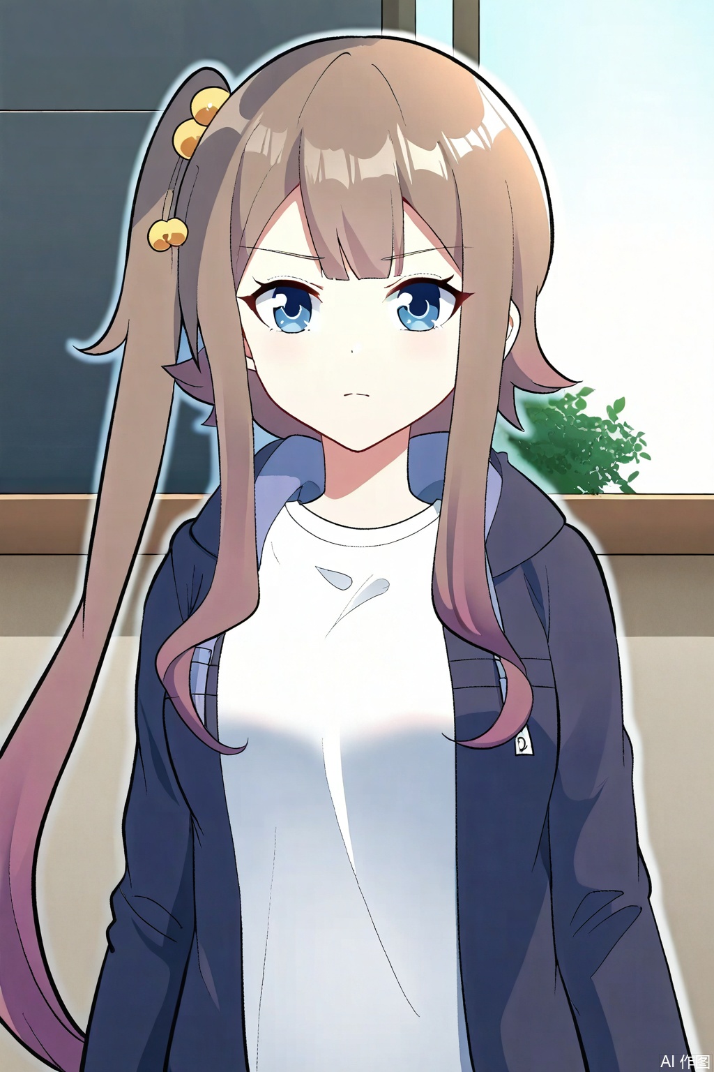 1girl,solo,long hair, breasts, looking at viewer, bangs, blue eyes,  brown hair, shirt, hair ornament, long sleeves,jacket, white shirt, purple hair, sidelocks, open clothes, side ponytail, open jacket, hair bobbles, short hair with long locks,