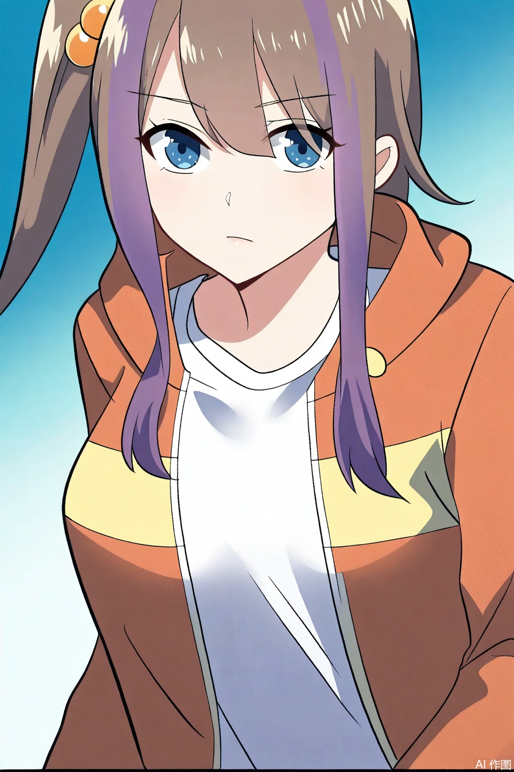 1girl,solo,long hair, breasts, looking at viewer, bangs, blue eyes,  brown hair, shirt, hair ornament, long sleeves,jacket, white shirt, purple hair, sidelocks, open clothes, side ponytail, open jacket, hair bobbles, short hair with long locks,