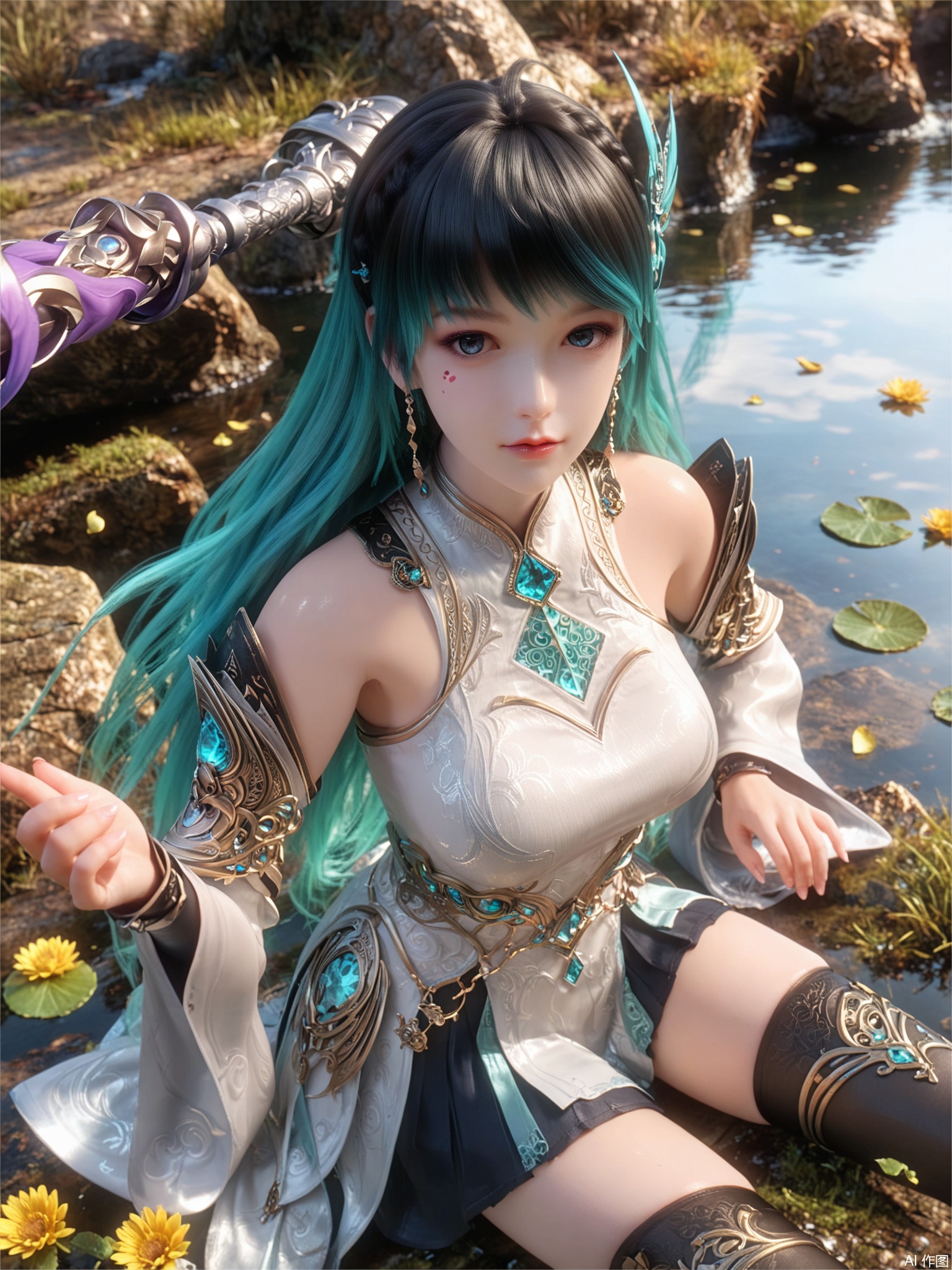 score_9,score_8_up,score_7_up,1girl,looking_at_viewer,realistic,1girl,Vivid Colors,bright environment,delicate water,hair_ornament,shiny skin,reflection,dress,flower sea,falling petals,extreme detail description,(upper body:0.3),put one hand on your side,long_hair,(skindentation:1.3),bright,sunshine on face,light,dress,sitting_down,eyes highlight,thighhighs,weapon