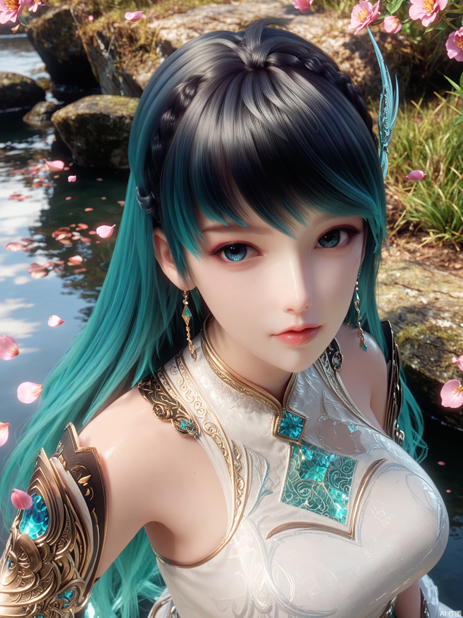 score_9,score_8_up,score_7_up,1girl,looking_at_viewer,realistic,1girl,Vivid Colors,bright environment,delicate water,hair_ornament,shiny skin,reflection,dress,flower sea,falling petals,extreme detail description,(upper body:0.3),put one hand on your side,long_hair,(skindentation:1.3),bright,sunshine on face,light,dress,sitting_down,eyes highlight,thighhighs,